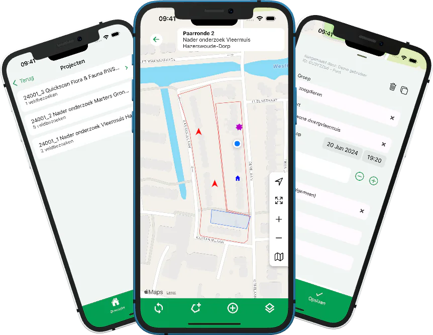 Drie telefoons met de eerste publieke versie van VeldApp: de projectenlijst, de kaart met waarnemingen en de lijst met veldbezoeken