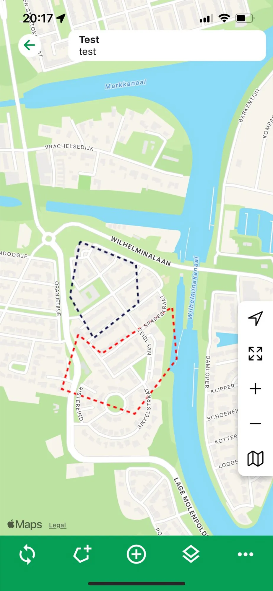Twee plangebieden met gekleurde stippellijnen op de kaart in de app