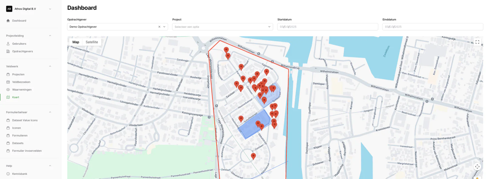 De kaartweergave in het hoofdmenu van de webomgeving, met waarnemingen en een plangebied