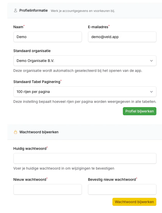 De profielpagina in de webomgeving met naam, e-mailadres, standaardorganisatie en het aantal rijen per pagina