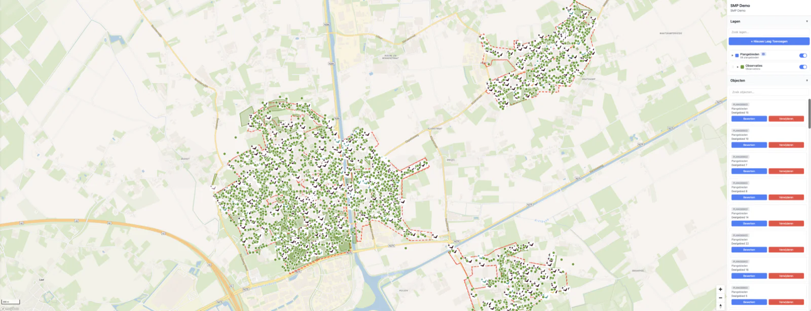 De kaarteditor met duizenden waarnemingen en projectgebieden over een hele gemeente