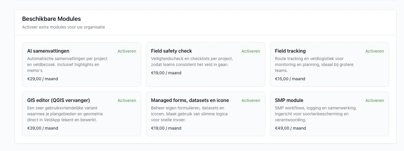Het moduleoverzicht in de webomgeving, met per module een korte beschrijving, de prijs per maand en de knop Activeren