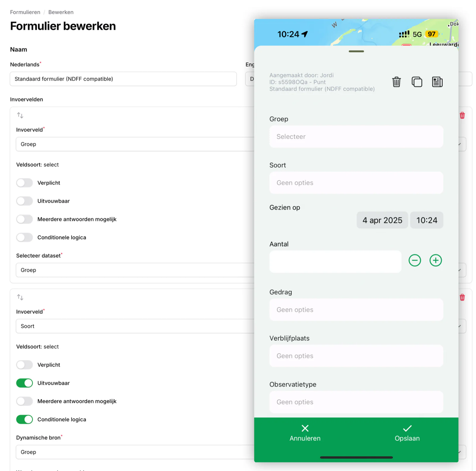 De formulierbouwer in de webomgeving met per invoerveld de opties verplicht, uitvouwbaar en conditionele logica, en ernaast hetzelfde formulier in de app
