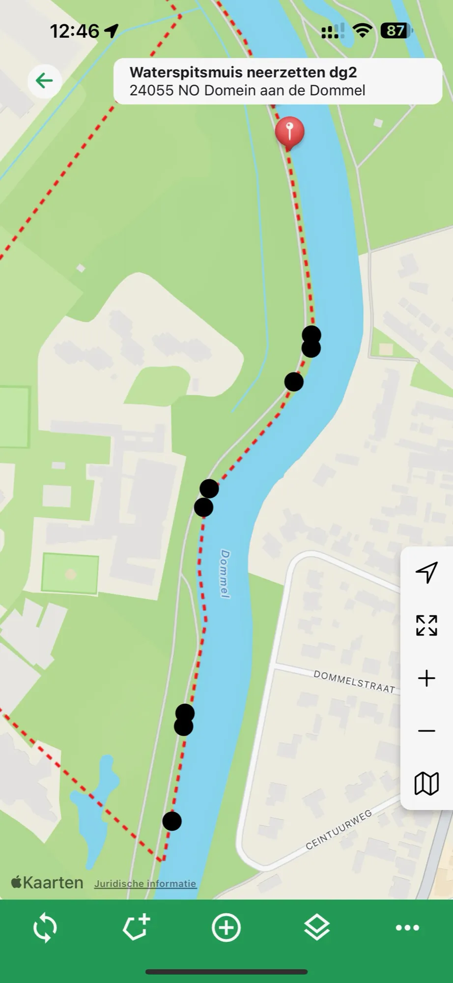 De kaart in de app met de locaties van de vallen langs de Dommel
