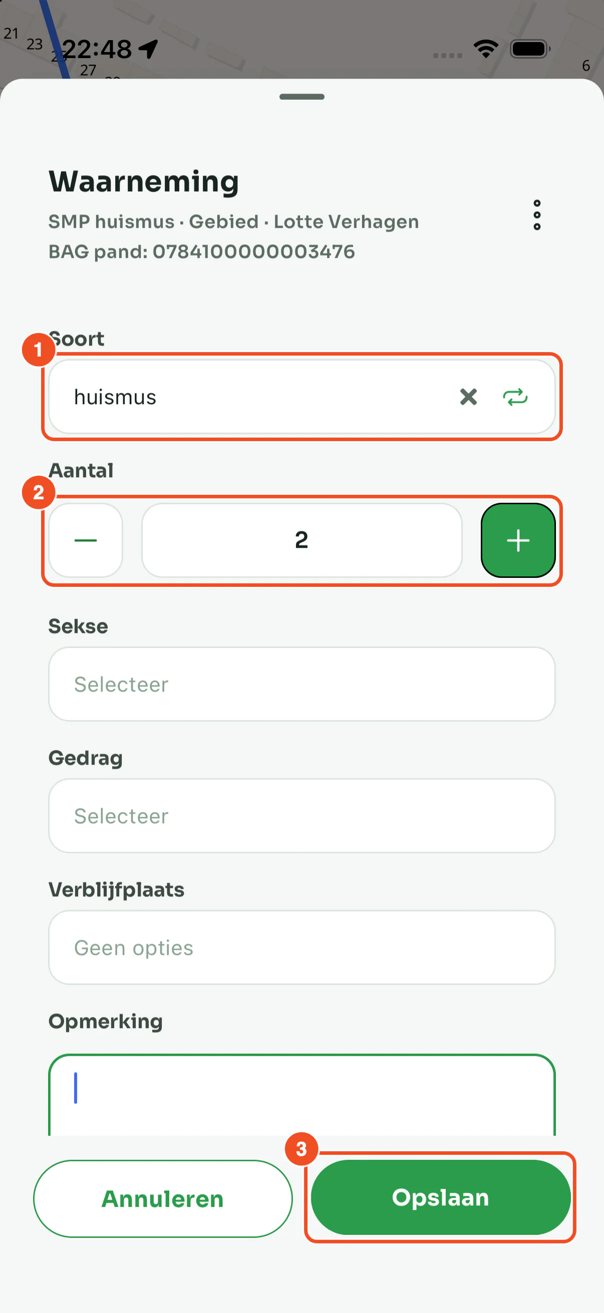 Het ingevulde formulier met soort huismus, aantal 2 en de knop Opslaan