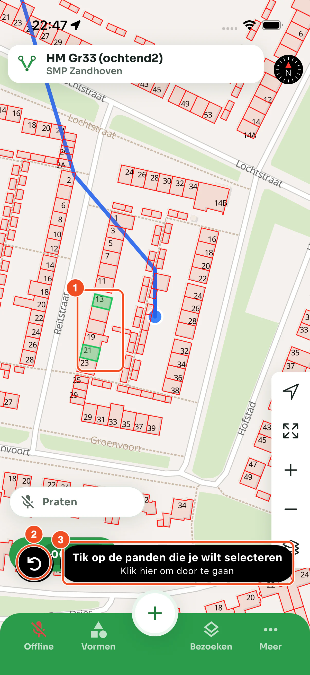 Twee geselecteerde panden in groen, met de ongedaan-knop en de knop Klik hier om door te gaan