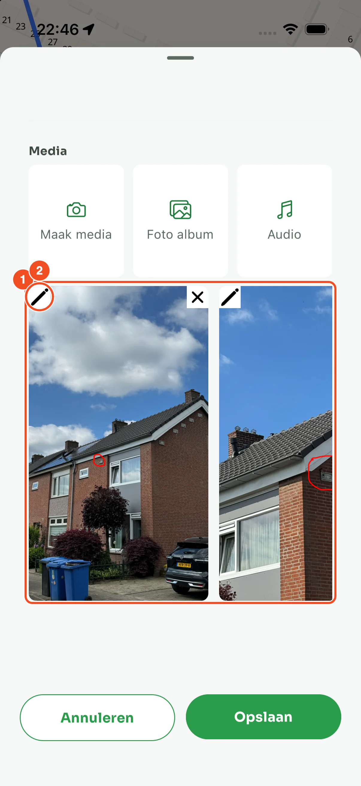 Onderaan het formulier de foto's van de collega, met op de eerste foto een rode cirkel om de nestopening en het potlood en kruisje bij elke foto