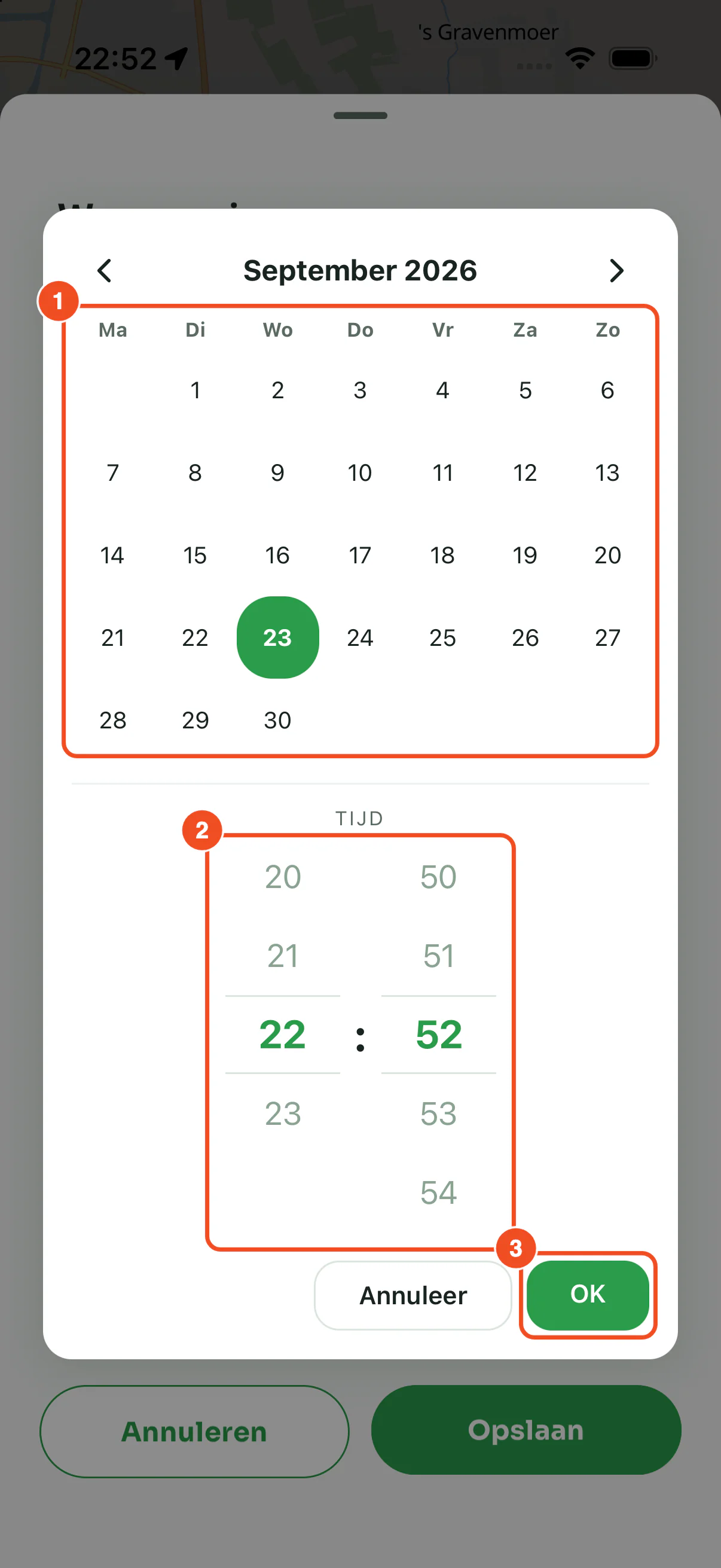 De kalender met de gekozen dag, daaronder de tijd met uren en minuten, en de knoppen Annuleer en OK