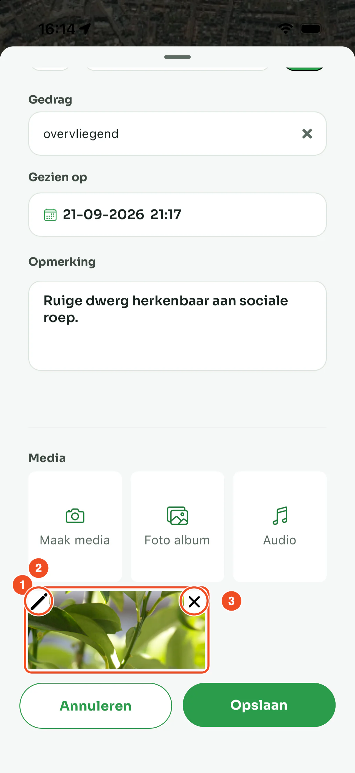 Het formulier met een toegevoegde foto onder het mediablok, met potlood en kruisje