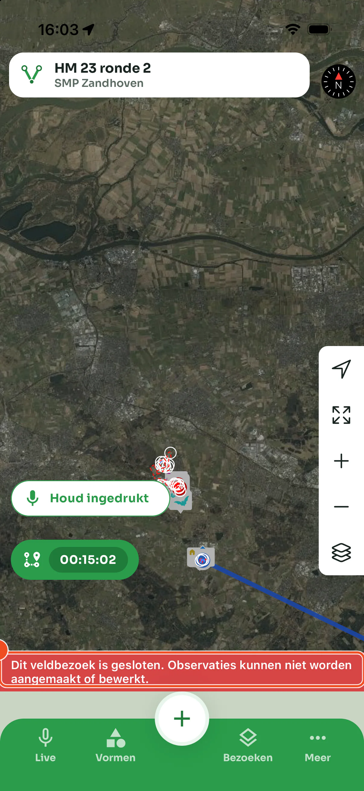 De kaart van een gesloten veldbezoek met onderin de rode balk dat er geen waarnemingen kunnen worden aangemaakt of bewerkt