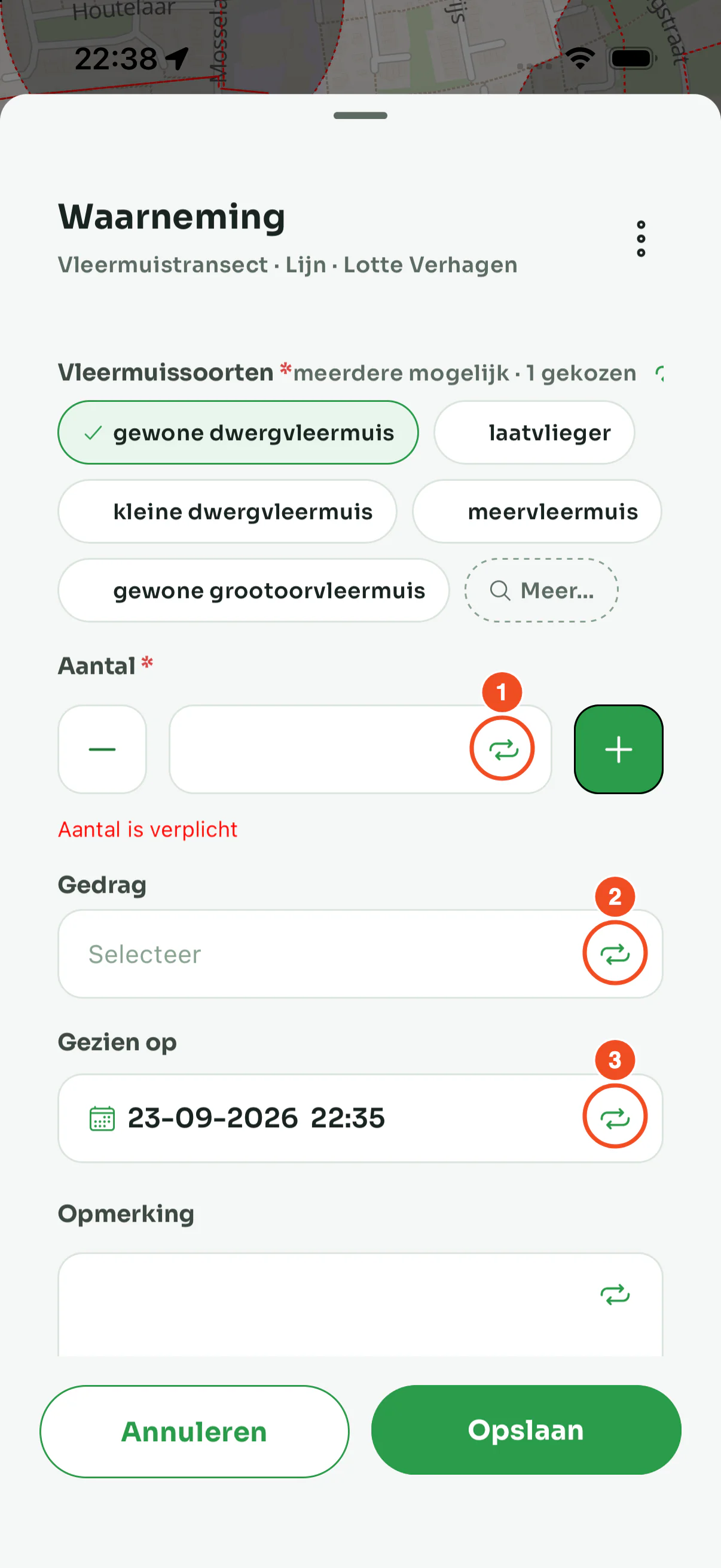 Een nieuw formulier met bij Aantal, Gedrag en Gezien op een groen herhaal-icoontje in het veld