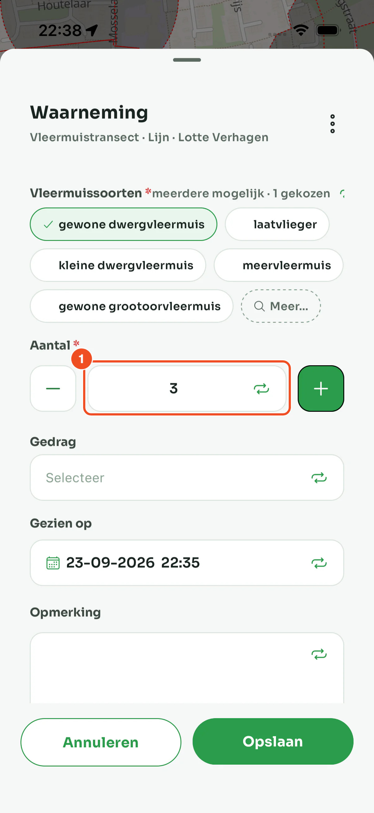 Hetzelfde formulier na een tik op het icoontje, met Aantal 3 ingevuld