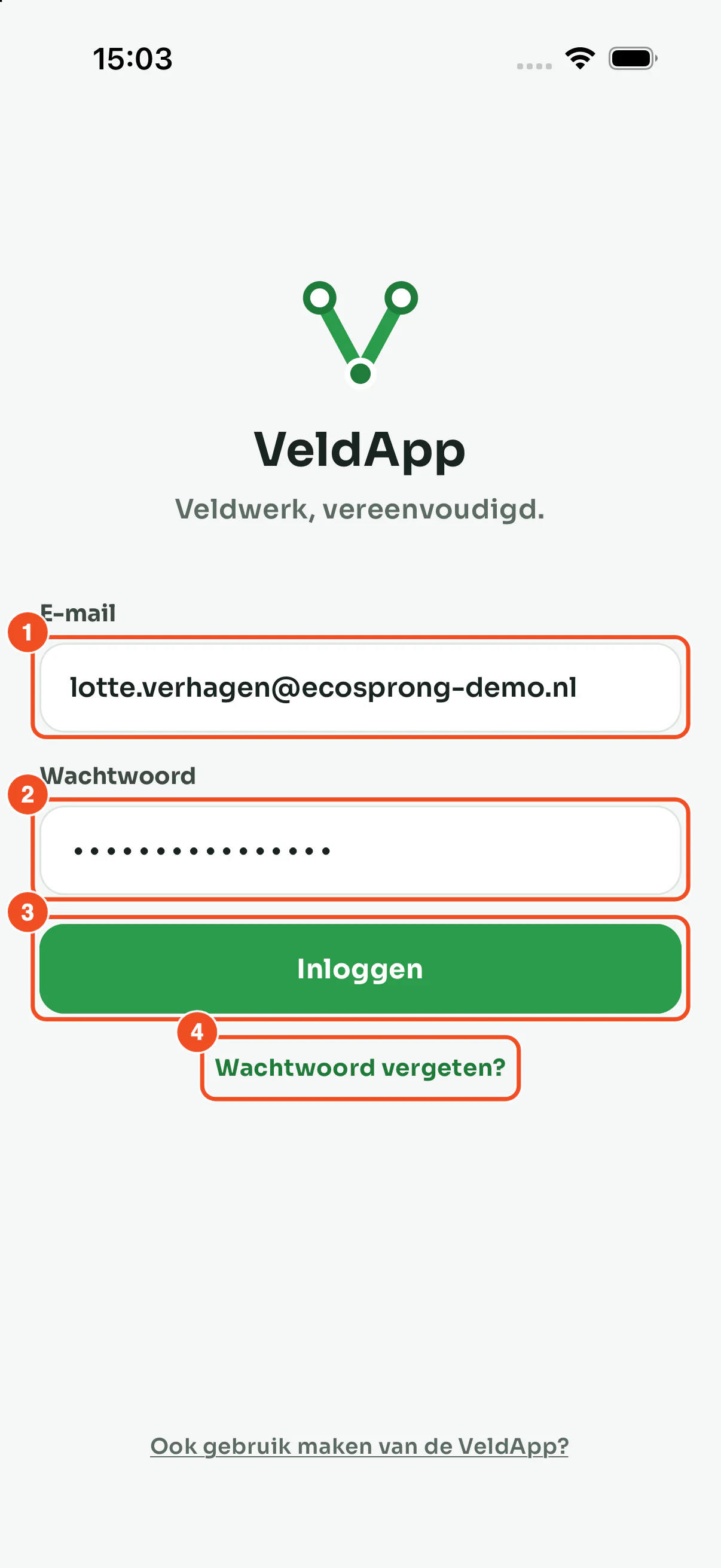 Het inlogscherm van de app met de velden voor e-mailadres en wachtwoord, de knop Inloggen en de link Wachtwoord vergeten