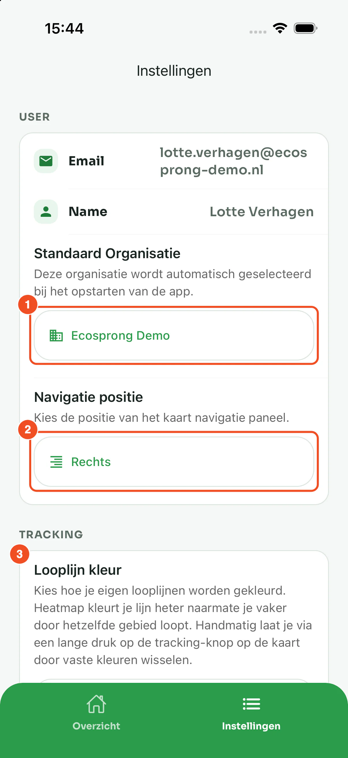 De instellingen met je e-mailadres en naam, de knop Standaard Organisatie, de knop Navigatie positie en de sectie Tracking met Looplijn kleur