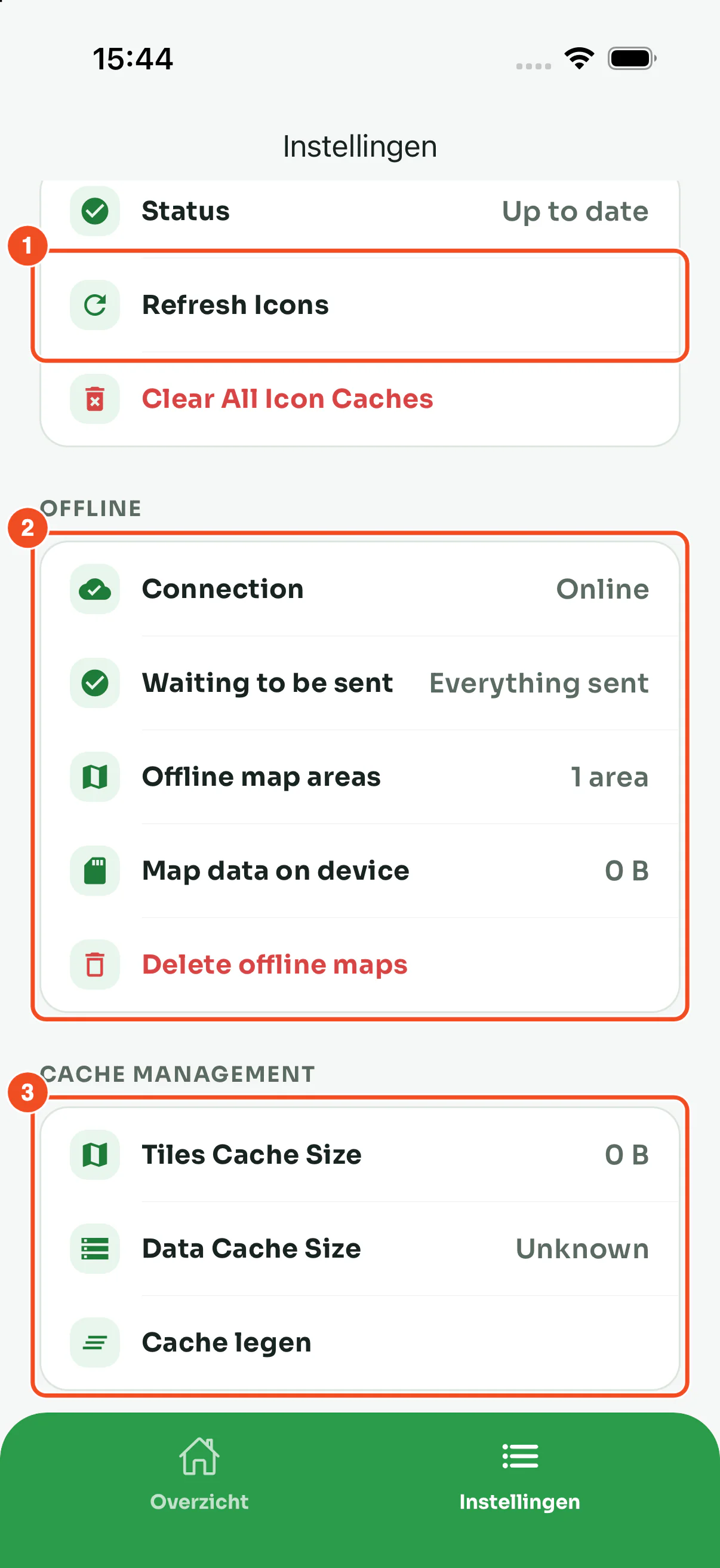 De instellingen met Refresh Icons, de sectie Offline en Cache legen