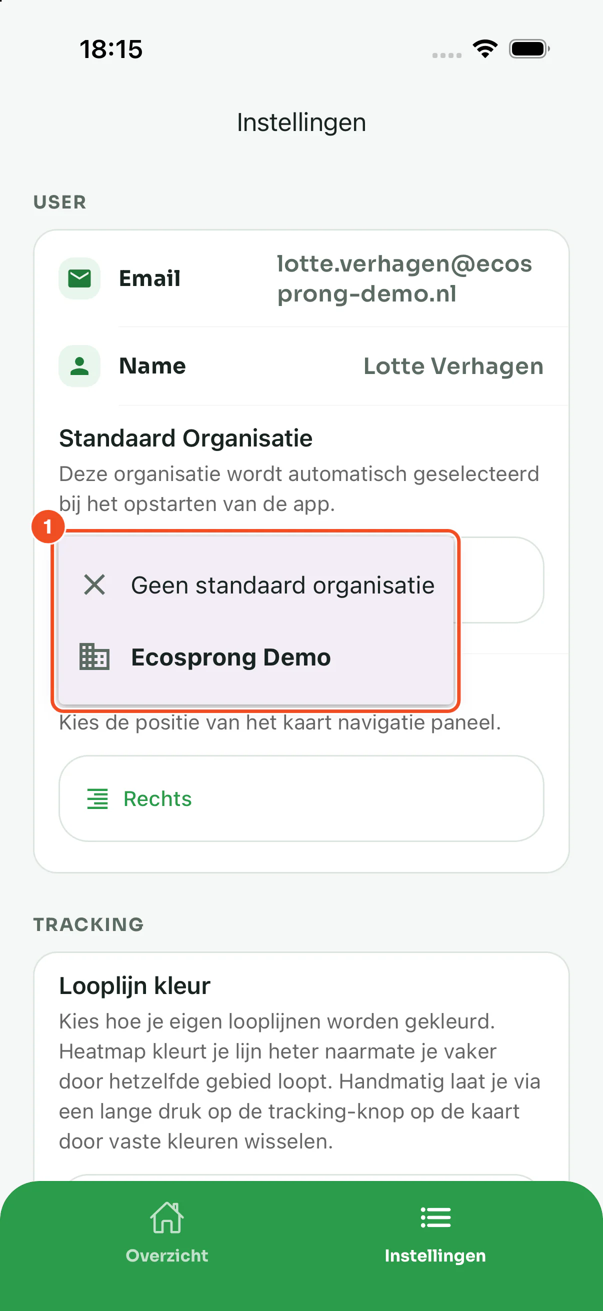 De instellingen met het keuzemenu Standaard Organisatie geopend, met de opties Geen standaard organisatie en Ecosprong Demo