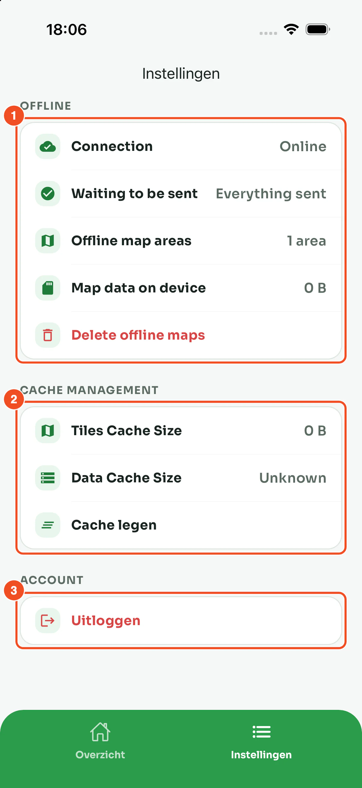 Het onderste deel van de instellingen met de secties Offline en Cache management en de knop Uitloggen