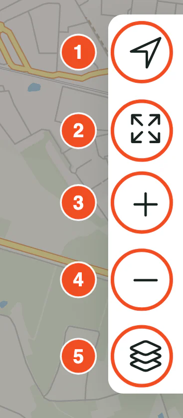 De knoppenkolom met mijn locatie, uitzoomen naar het gebied, inzoomen, uitzoomen en lagen