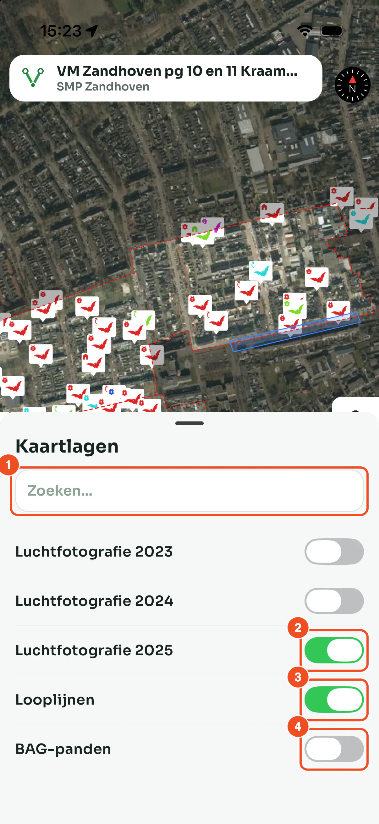 Het lagenpaneel met een zoekbalk en schakelaars voor Luchtfotografie 2023, 2024 en 2025, Looplijnen en BAG-panden