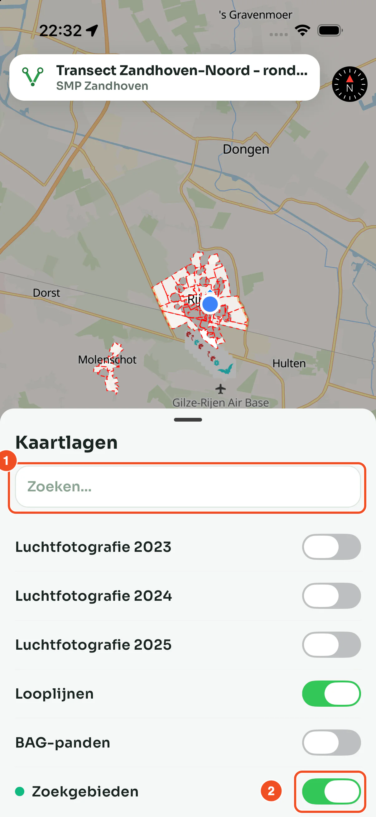 Het lagenpaneel met de luchtfoto's, looplijnen, BAG-panden en onderaan de Kaartstudio-laag Zoekgebieden met een schakelaar