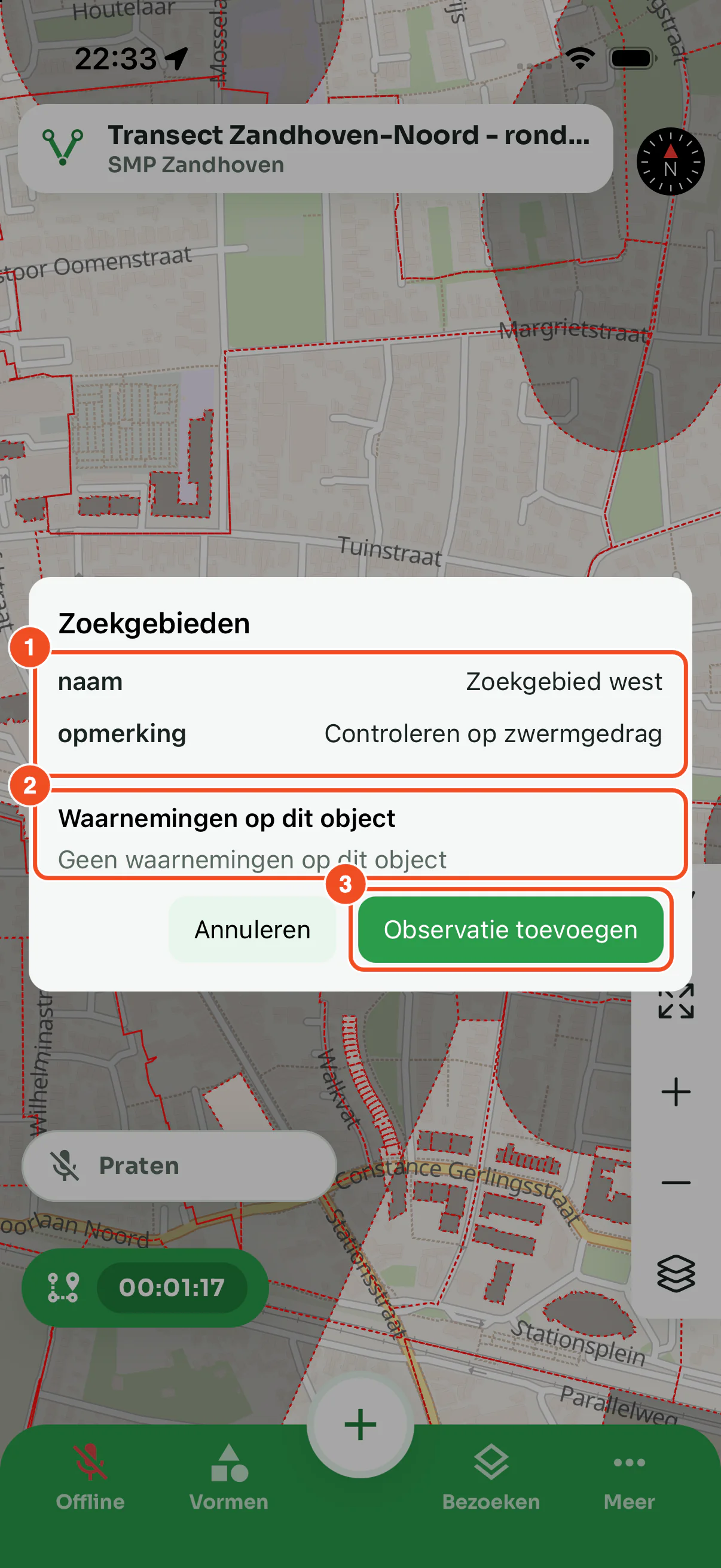 Het venster van een object in de app met de eigenschappen, het blok Waarnemingen op dit object en de knop Observatie toevoegen