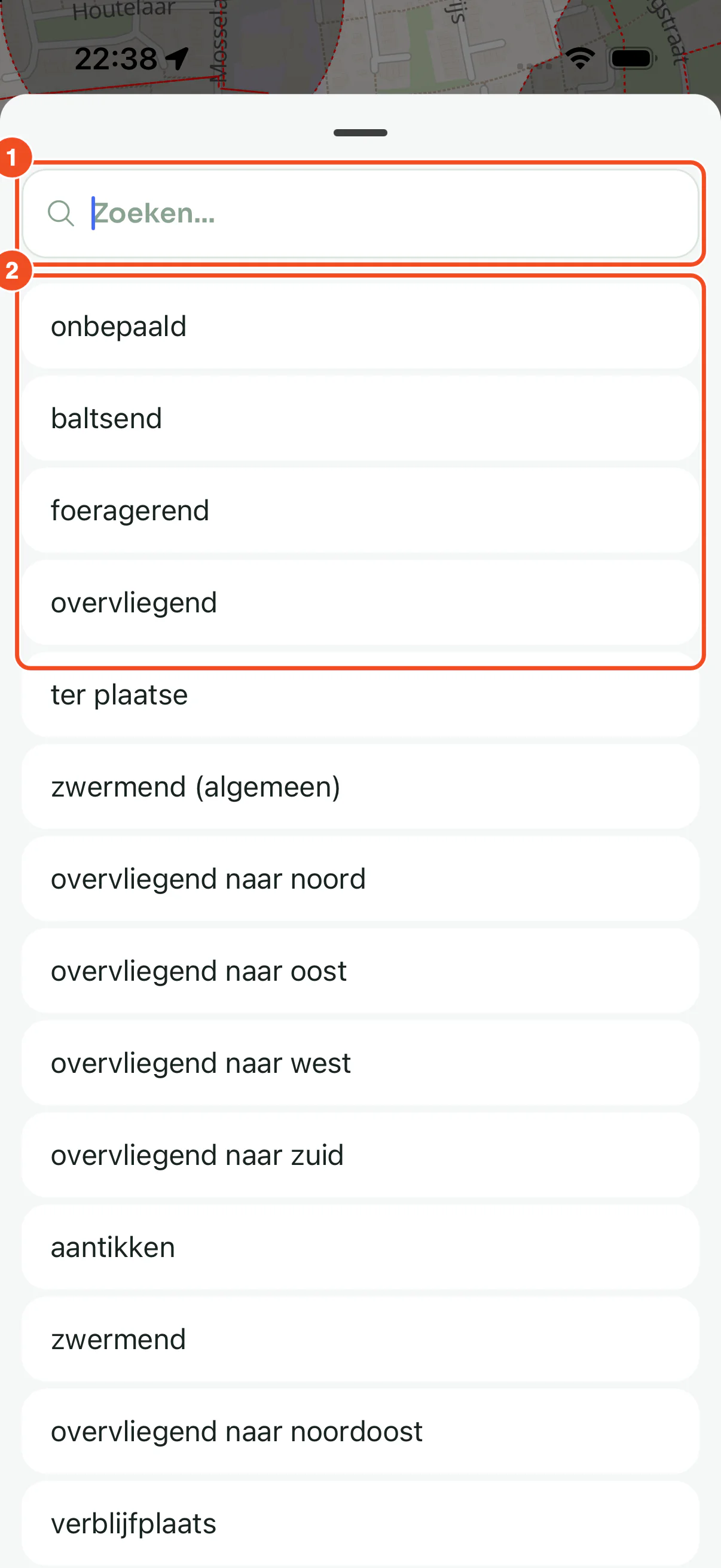 De keuzelijst Gedrag met bovenin een zoekveld en daaronder de waarden