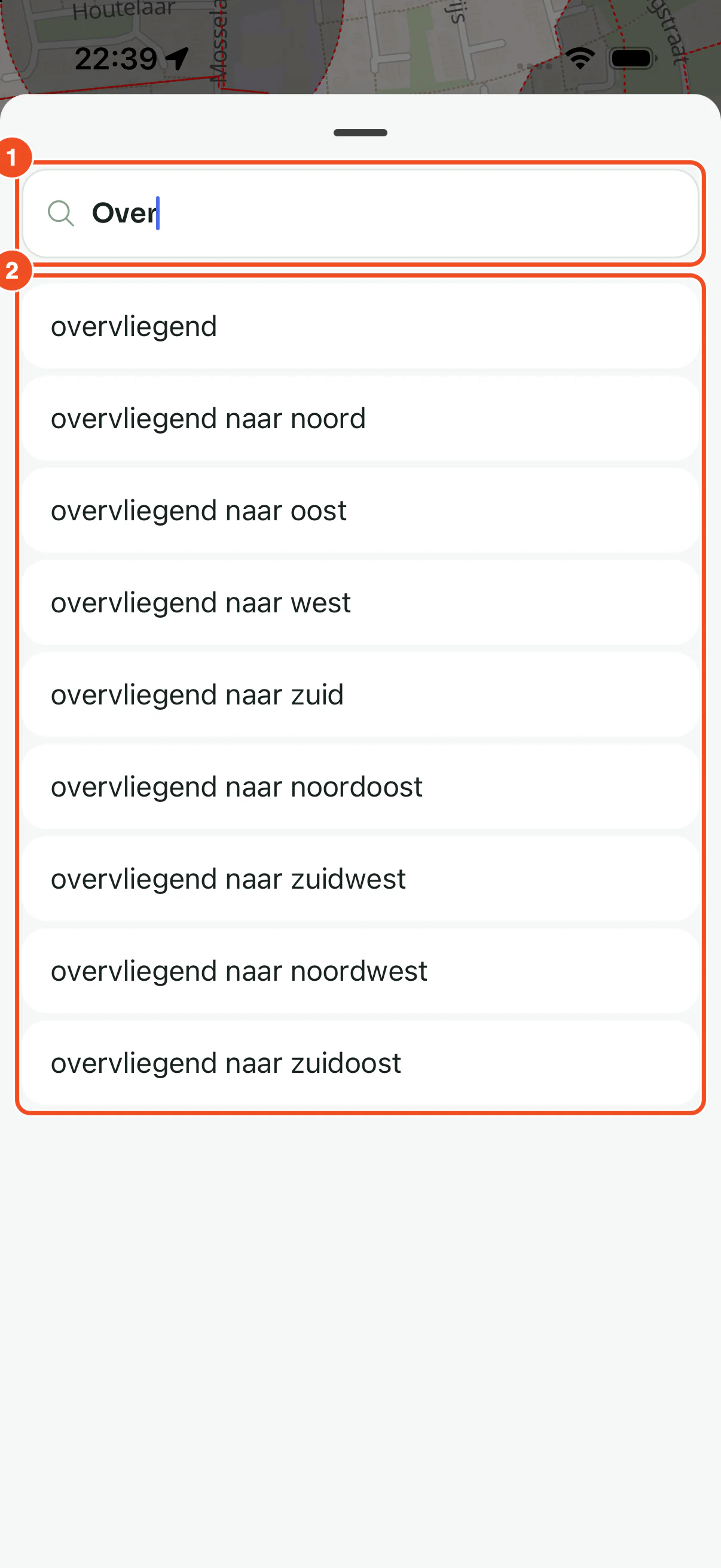 De keuzelijst met de zoekterm Over en alleen de waarden die daarmee beginnen of die bevatten
