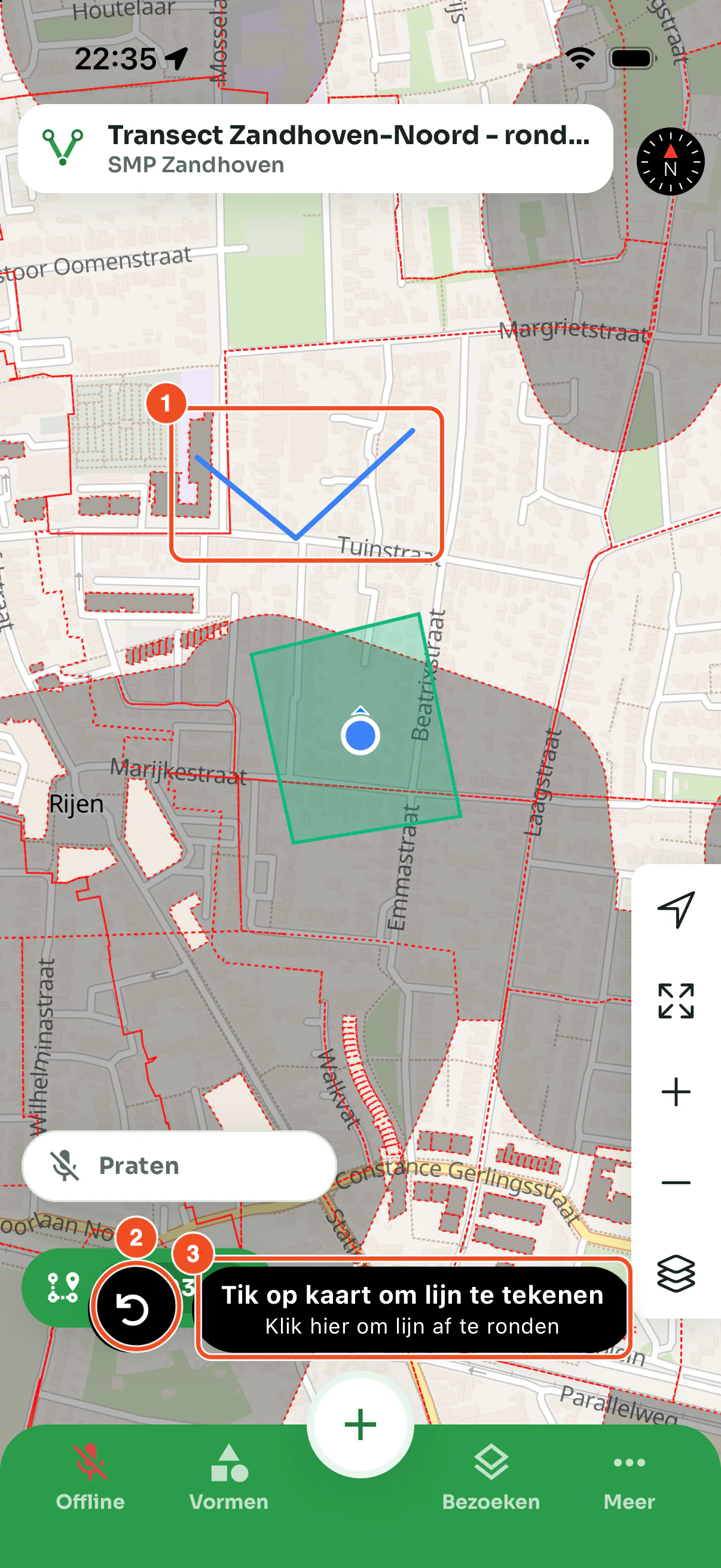 Een lijn in aanbouw met drie punten, de ongedaan-knop en de melding Klik hier om lijn af te ronden