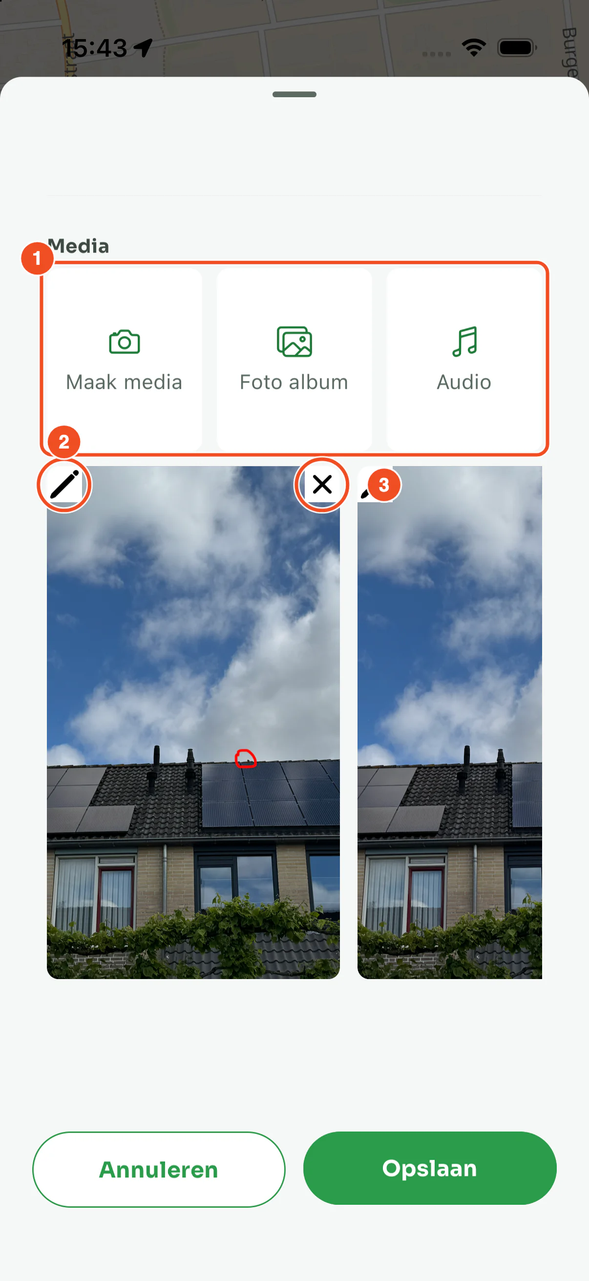 Het mediablok onderaan een waarneming met de knoppen Maak media, Foto album en Audio, en twee foto's met een potlood en een kruisje
