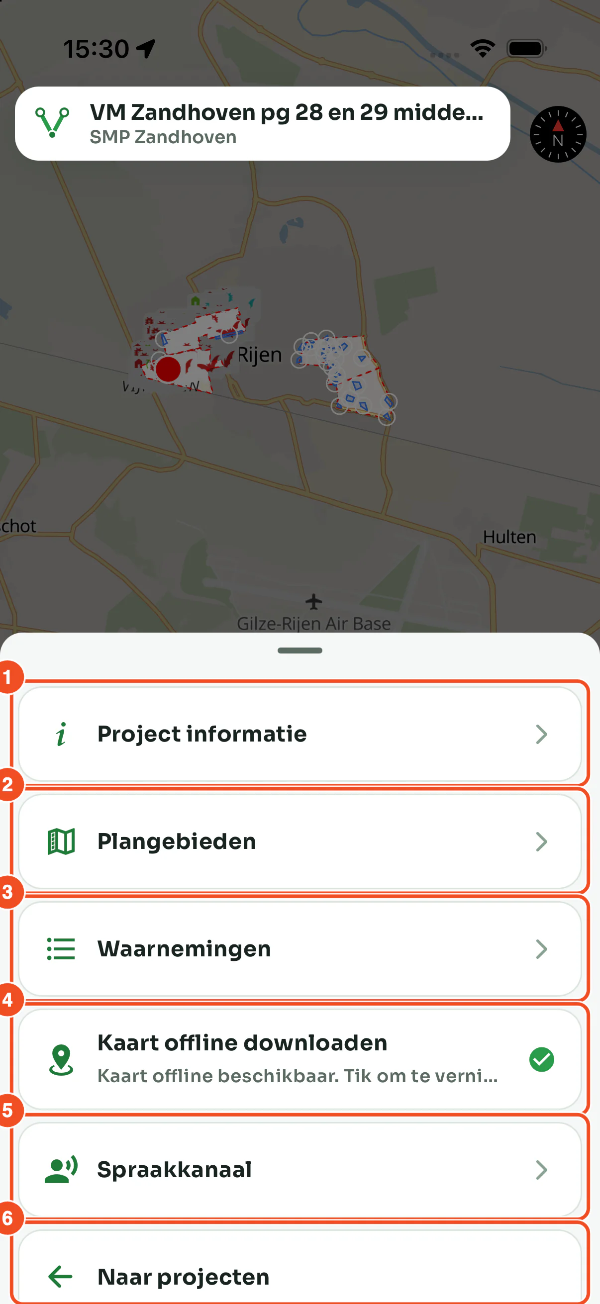 Het Meer-menu van een project met de opties Project informatie, Plangebieden, Waarnemingen, Kaart offline downloaden, Spraakkanaal en Naar projecten