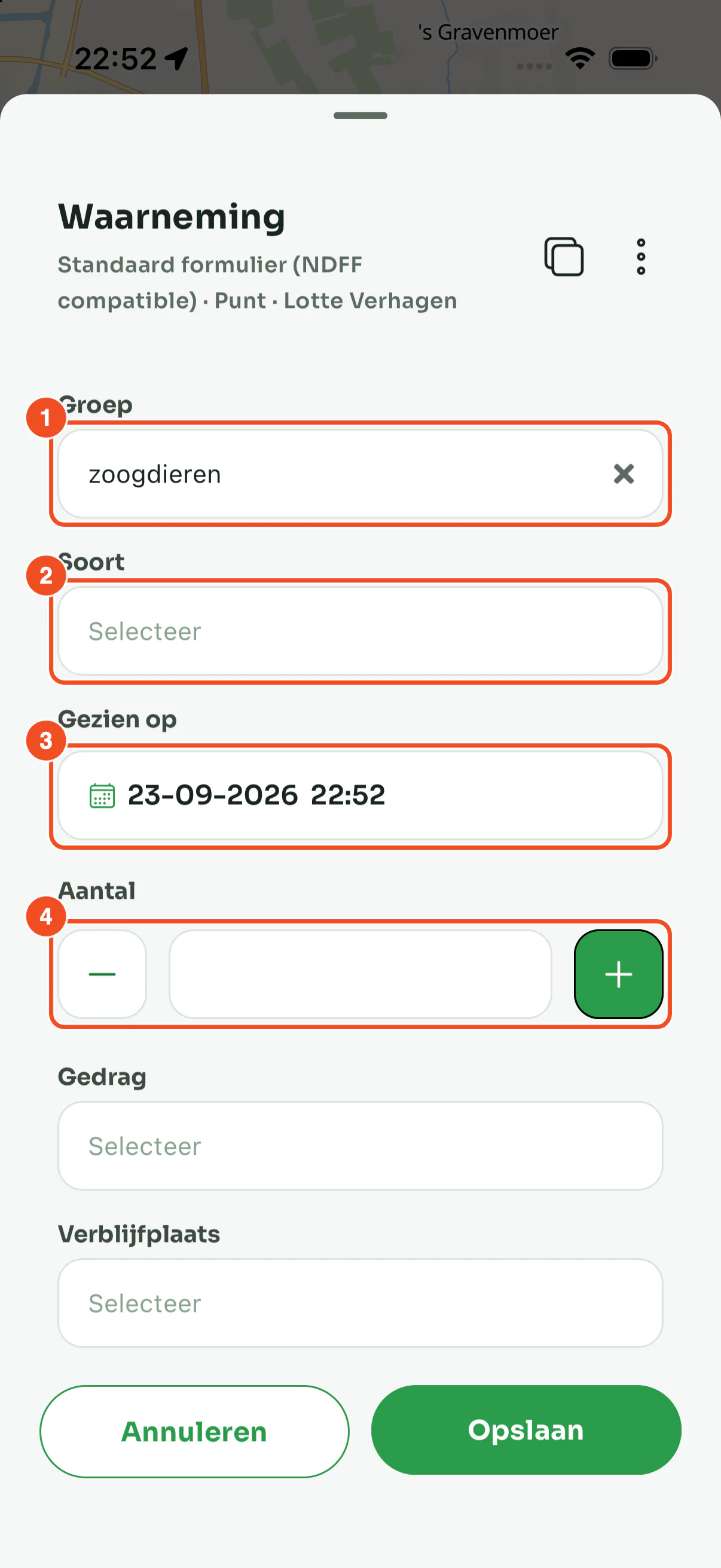 Het standaardformulier in de app met Groep ingevuld als zoogdieren, en daaronder Soort, Gezien op en Aantal