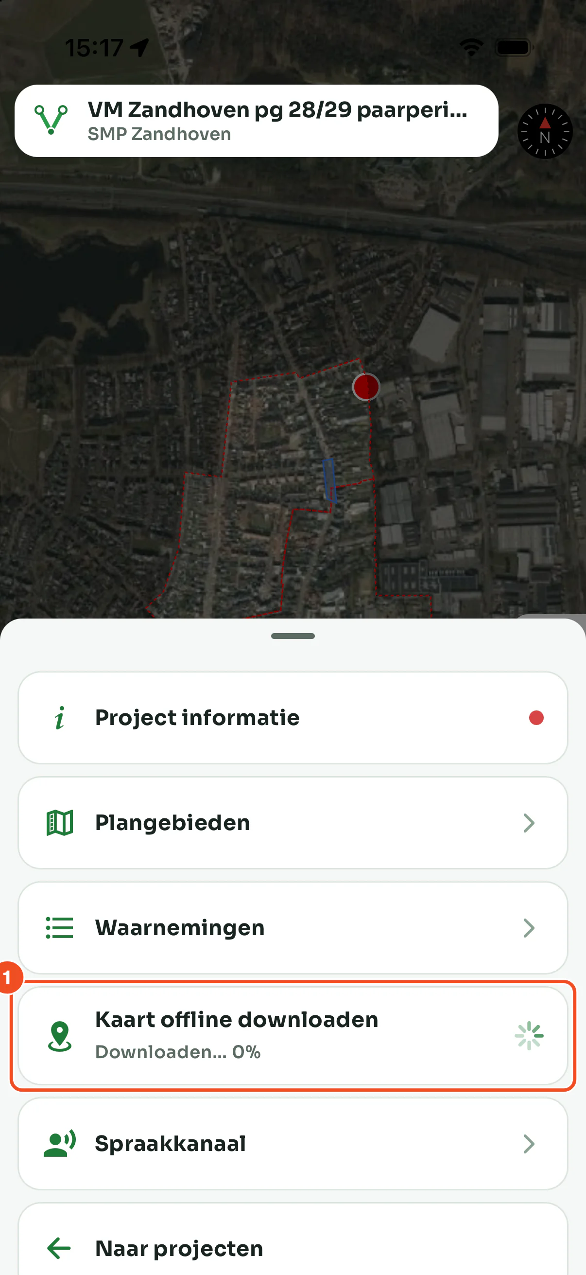 Het Meer-menu met de regel Kaart offline downloaden, waarin de voortgang van de download staat