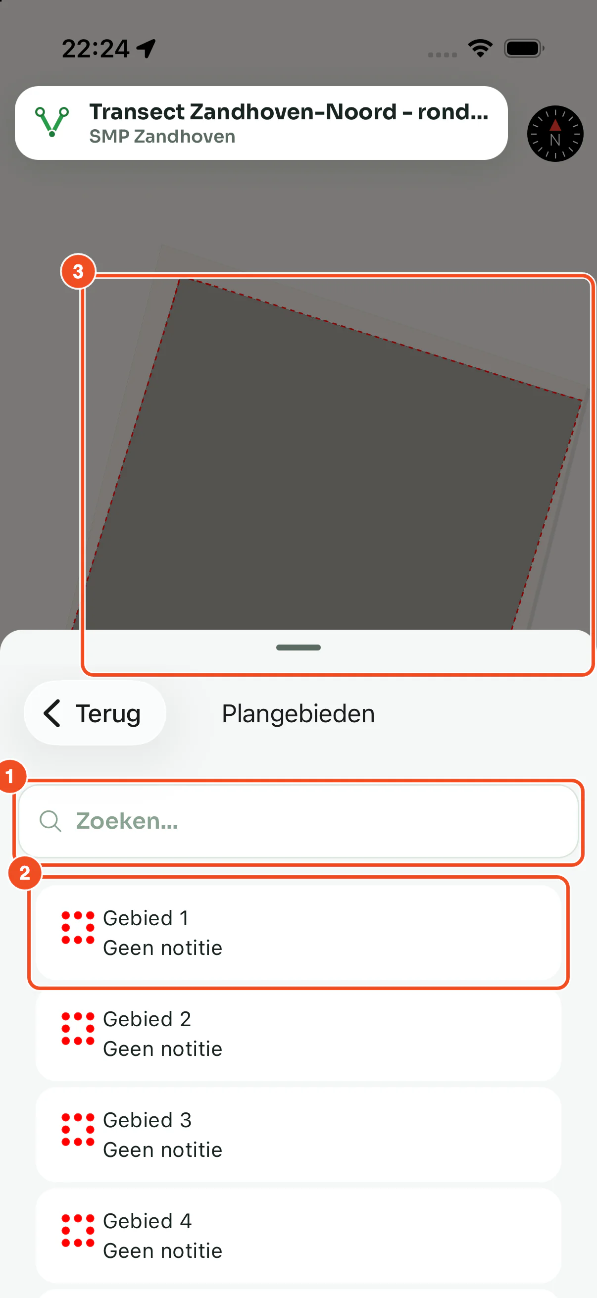 De lijst Plangebieden met zoekveld en gebieden, en daarboven de kaart ingezoomd op het gekozen gebied
