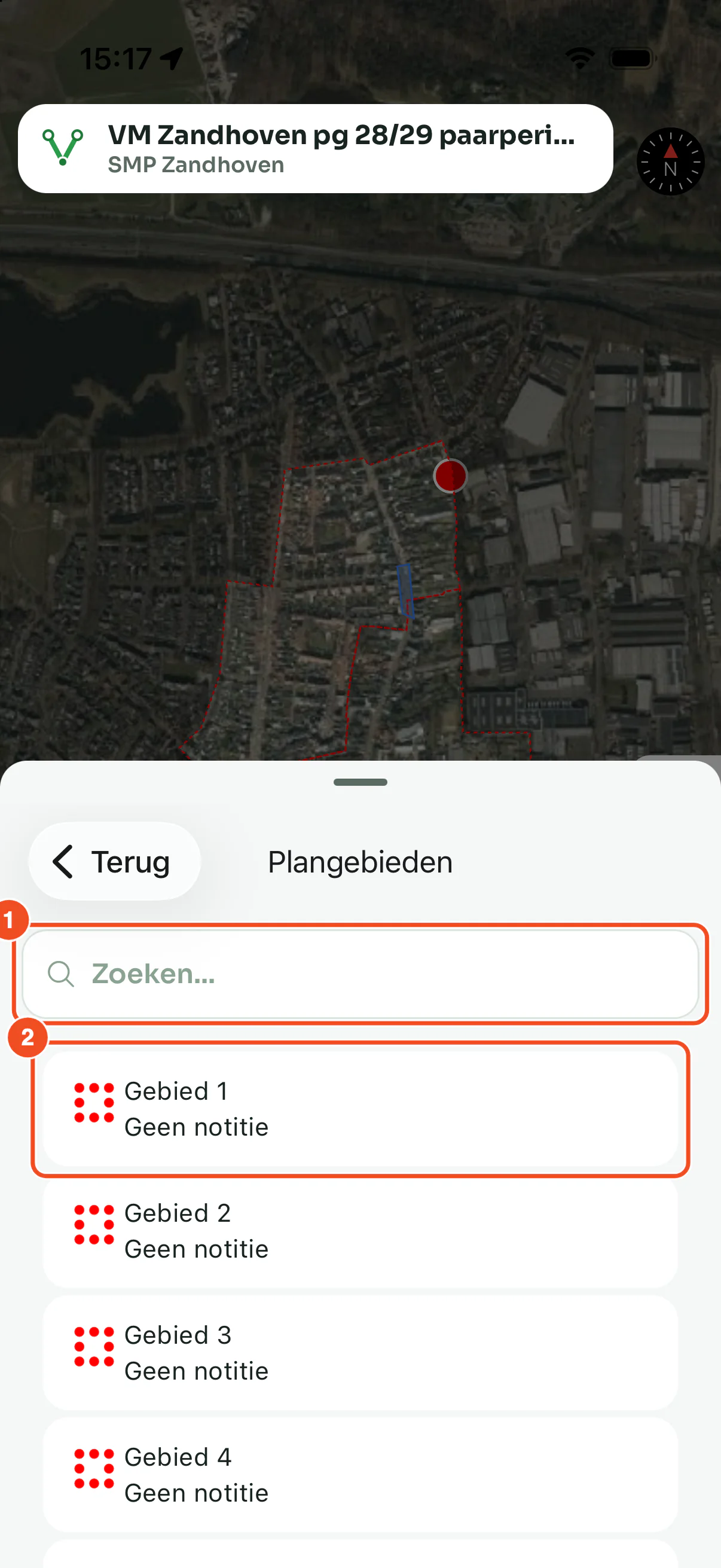De lijst met plangebieden van een project, met een zoekbalk en per gebied de naam en notitie