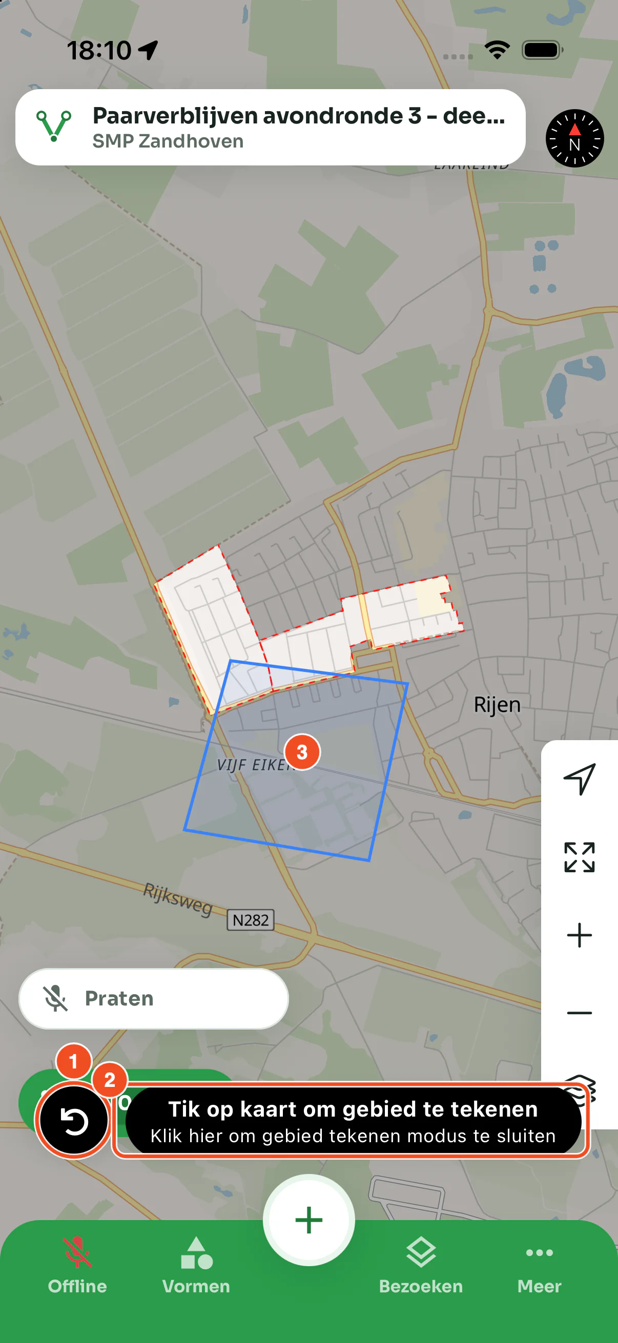 Een vlak in aanbouw op de kaart, met de ongedaan-knop en de melding om de tekenmodus te sluiten