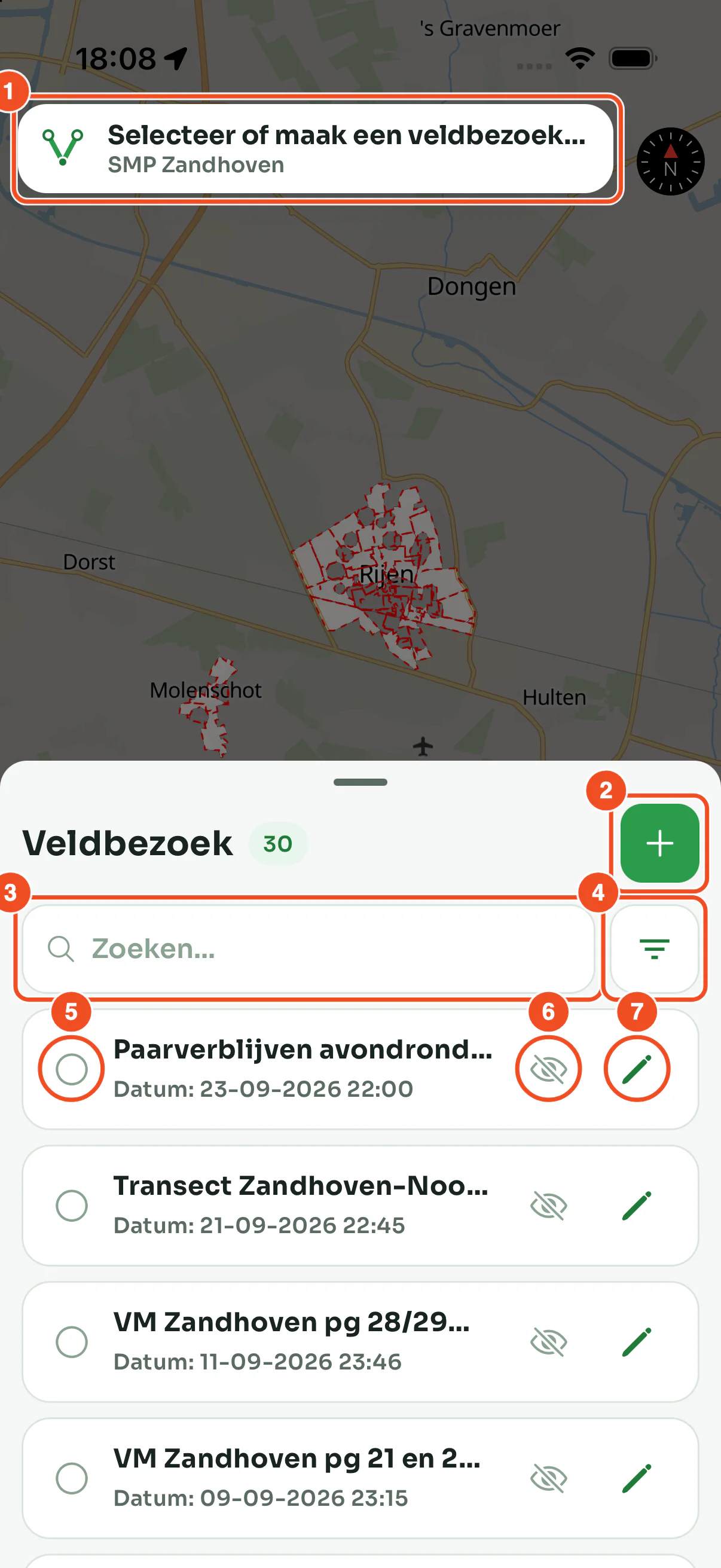 De kaart van een project met bovenin de balk Selecteer of maak een veldbezoek en onderin de lijst met veldbezoeken