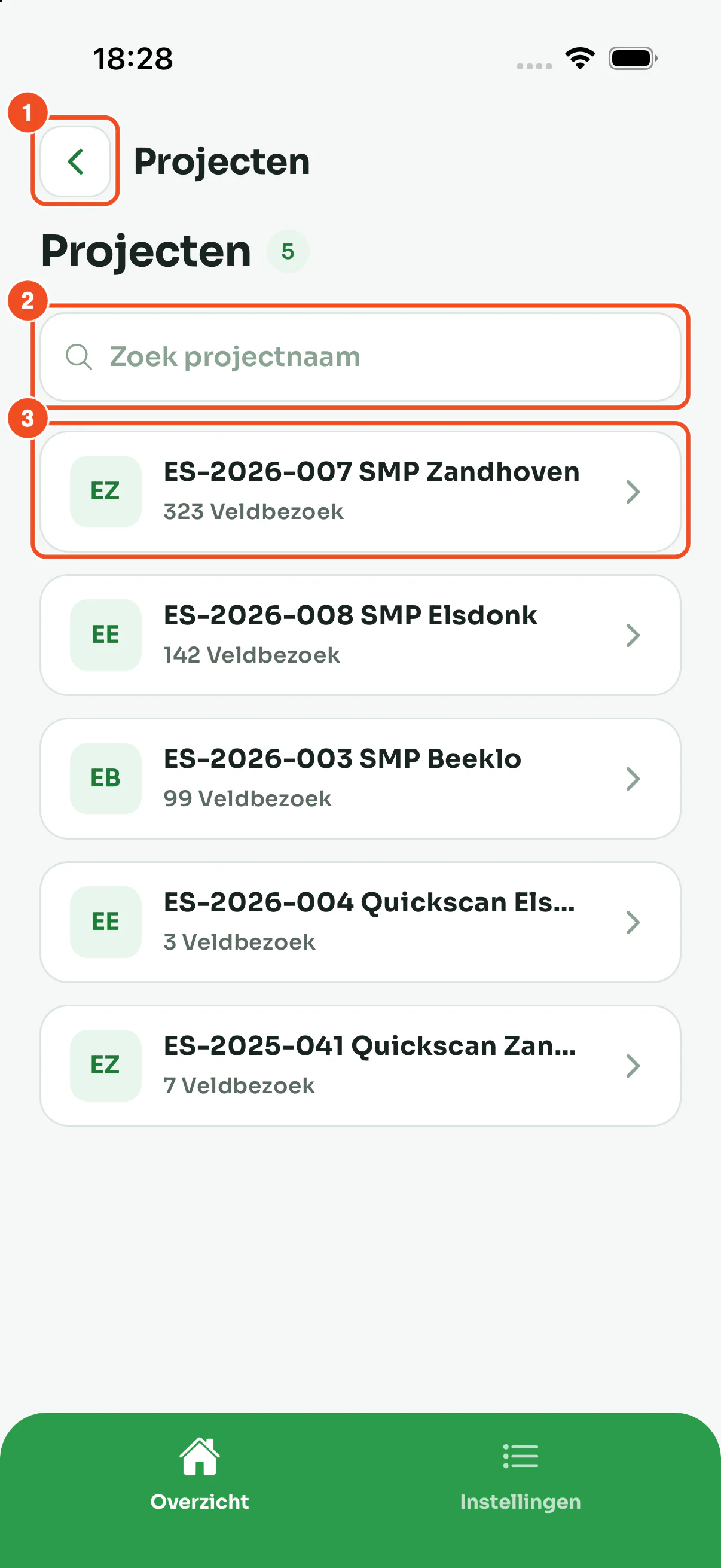 De projectenlijst van een opdrachtgever, met per project de referentie, de naam en het aantal veldbezoeken