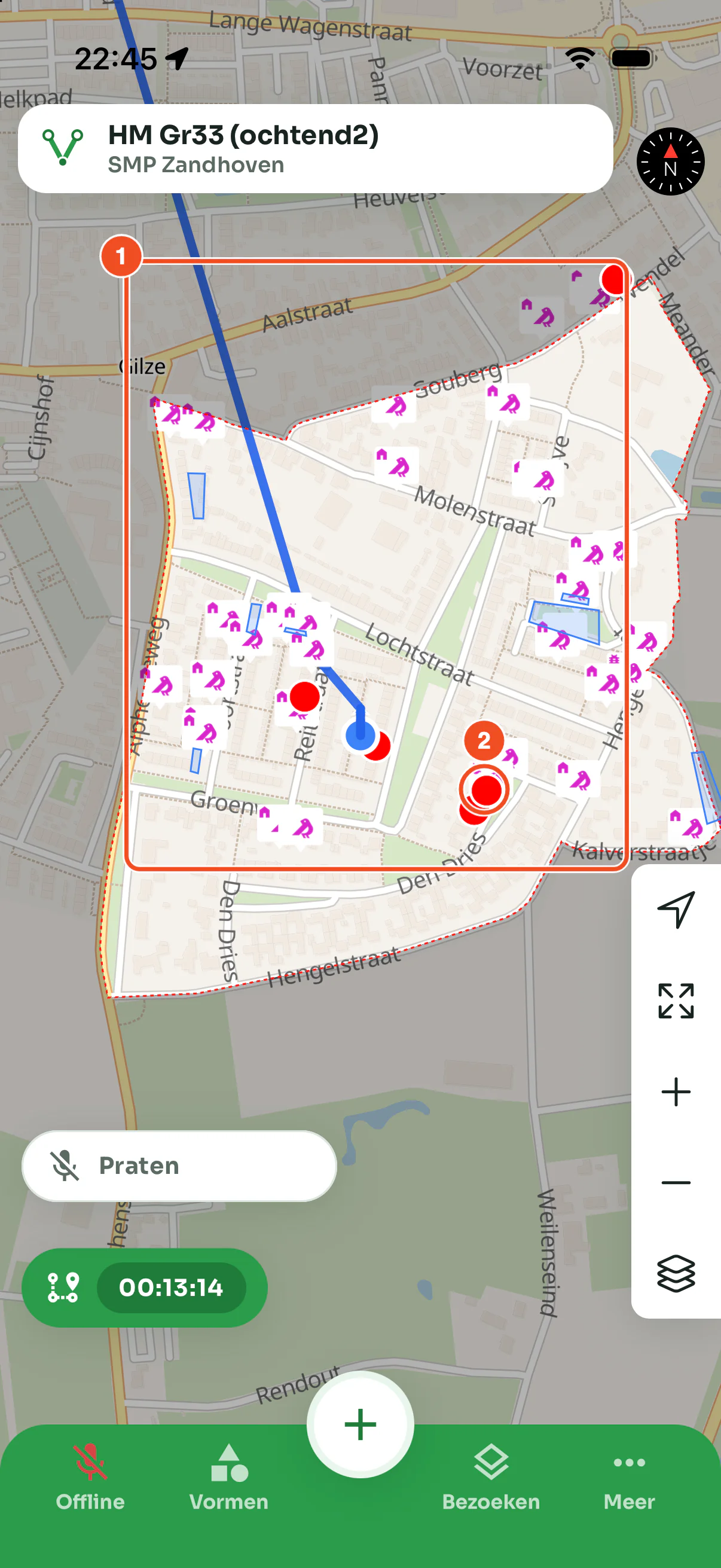 De kaart van een deelgebied met de rode stippellijn van het plangebied, huismus-iconen op de panden en enkele rode stippen