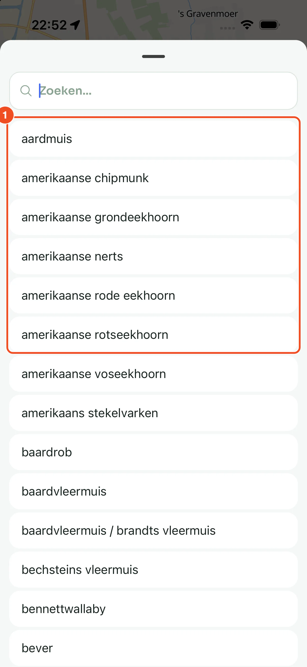 De keuzelijst Soort met alleen zoogdieren: aardmuis, baardvleermuis, bever en verder