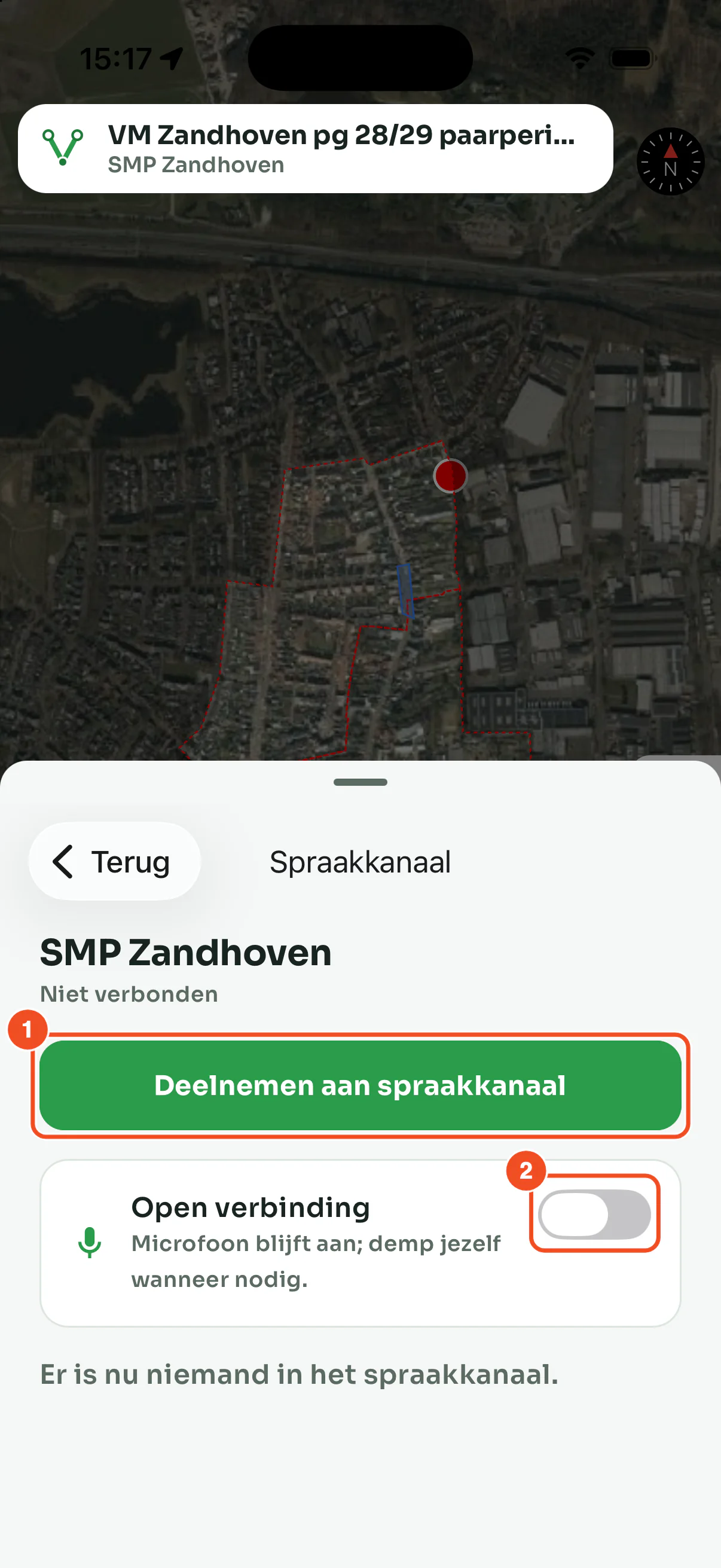 Het scherm Spraakkanaal met de knop Deelnemen aan spraakkanaal en de schakelaar Open verbinding