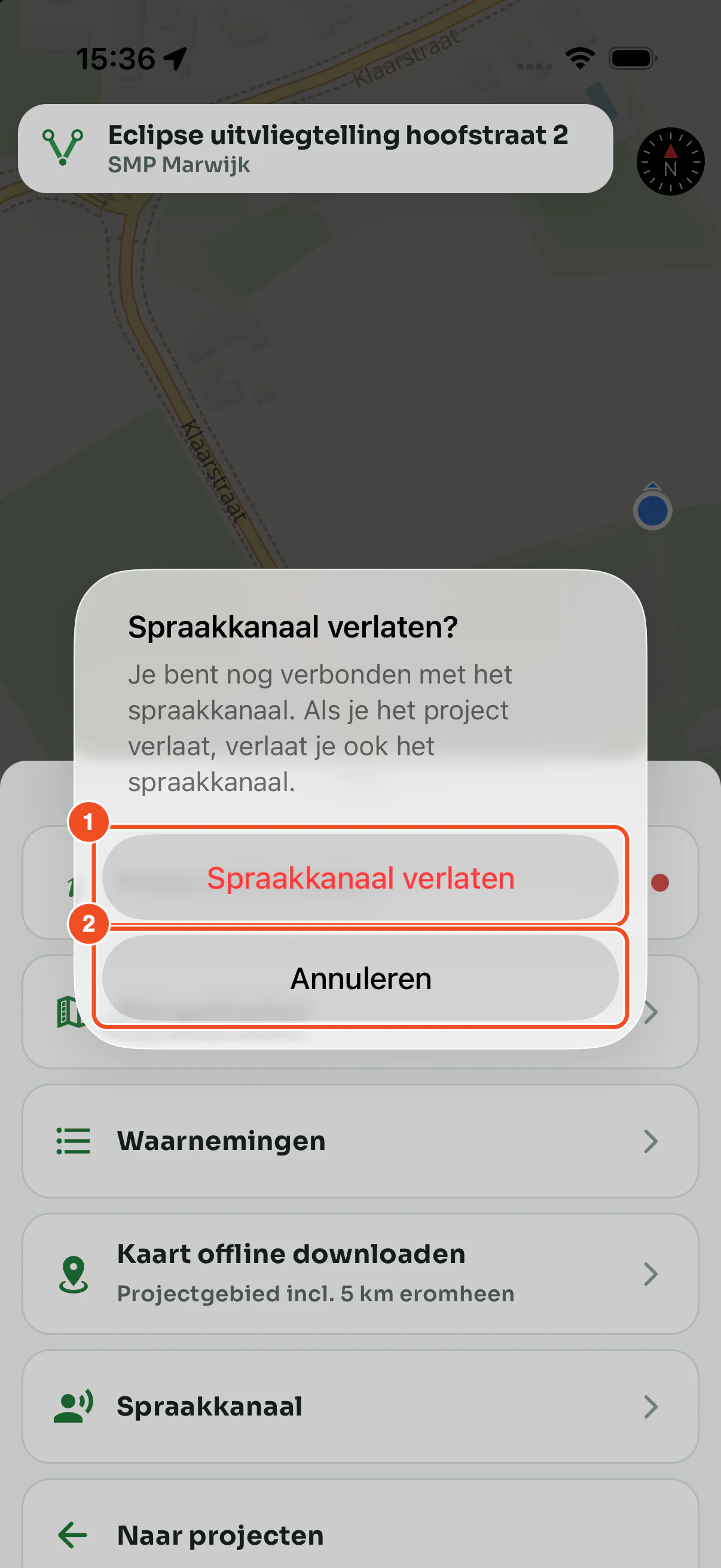 De bevestiging Spraakkanaal verlaten bij het verlaten van het project