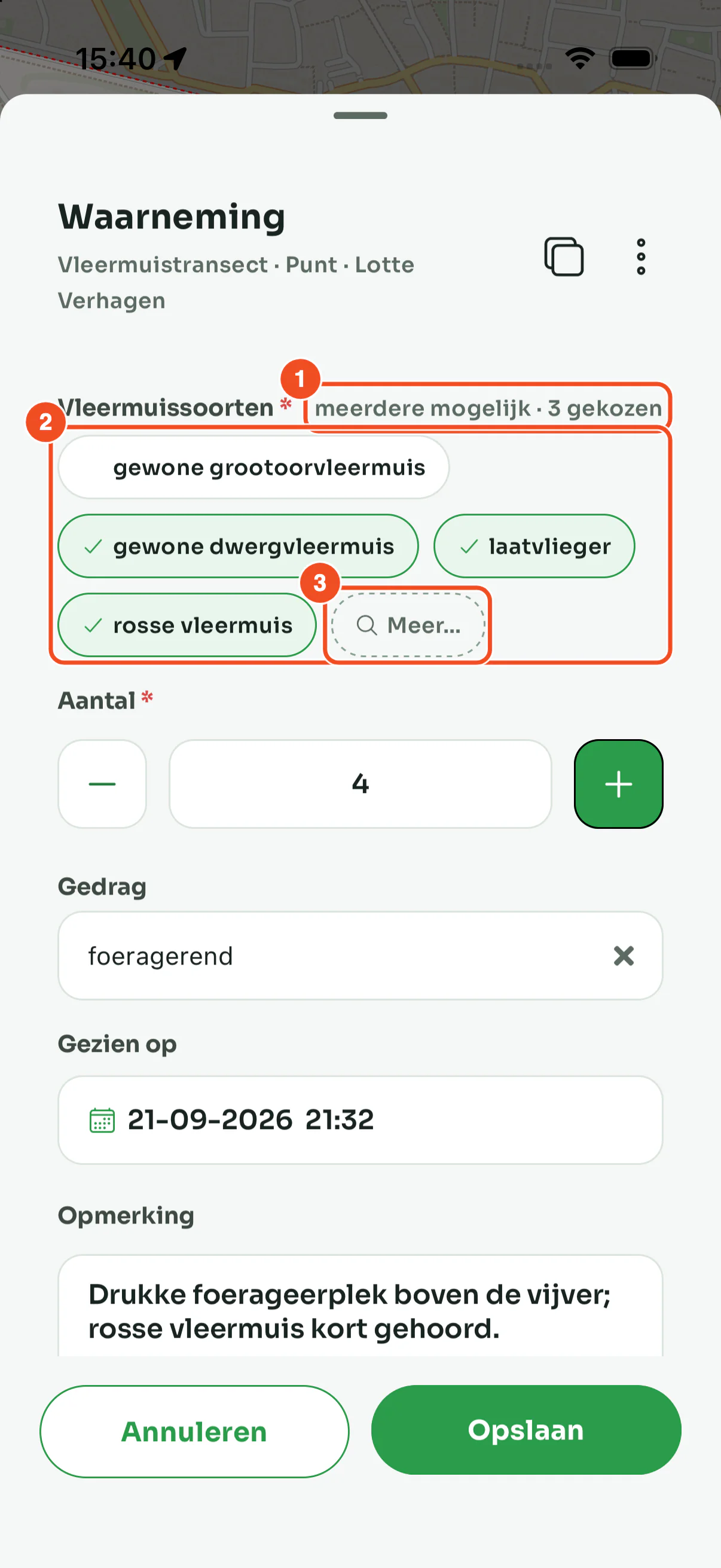 Het formulier van een telpunt met het tagsveld Vleermuissoorten, twee gekozen soorten en de knop Meer