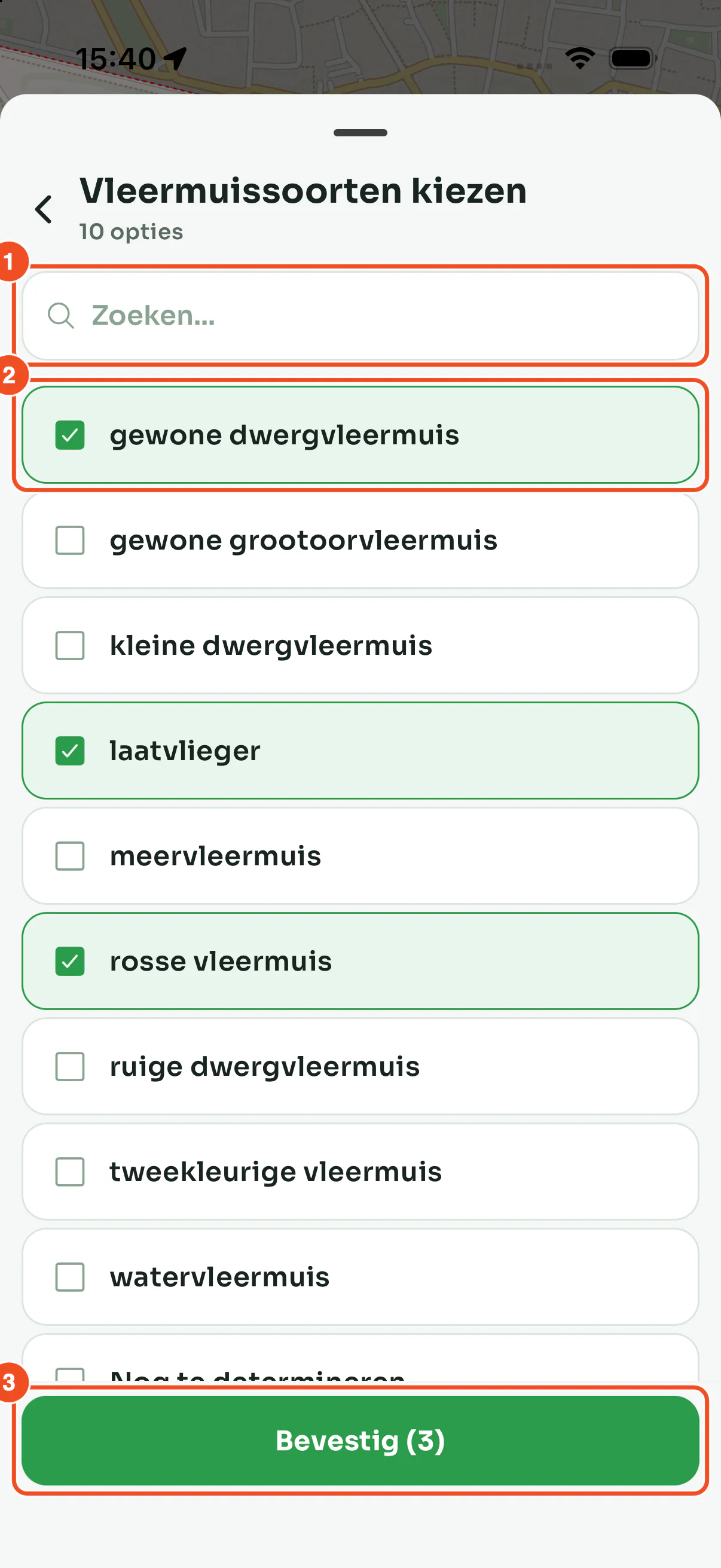 Het keuzescherm Vleermuissoorten kiezen met een zoekbalk, aanvinkbare soorten en onderin de knop Bevestig
