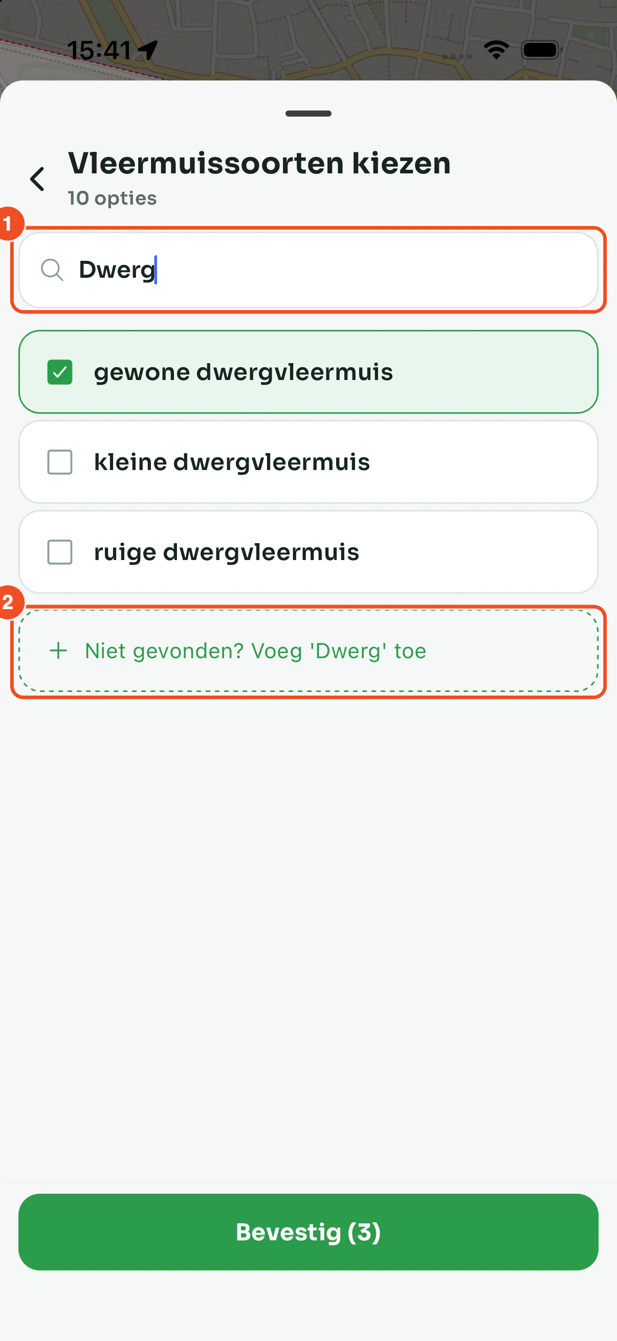 Het keuzescherm na een zoekopdracht, met onder de gevonden soorten de knop Niet gevonden? Voeg toe