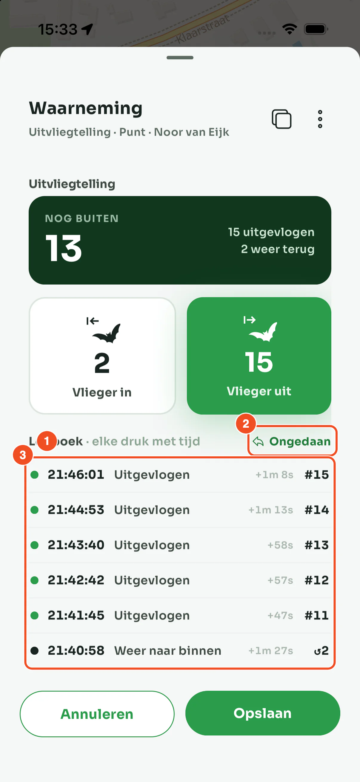 Het logboek onder de knoppen: per druk het tijdstip, de richting, het interval sinds de vorige druk en de doorlopende teller, met de knop Ongedaan