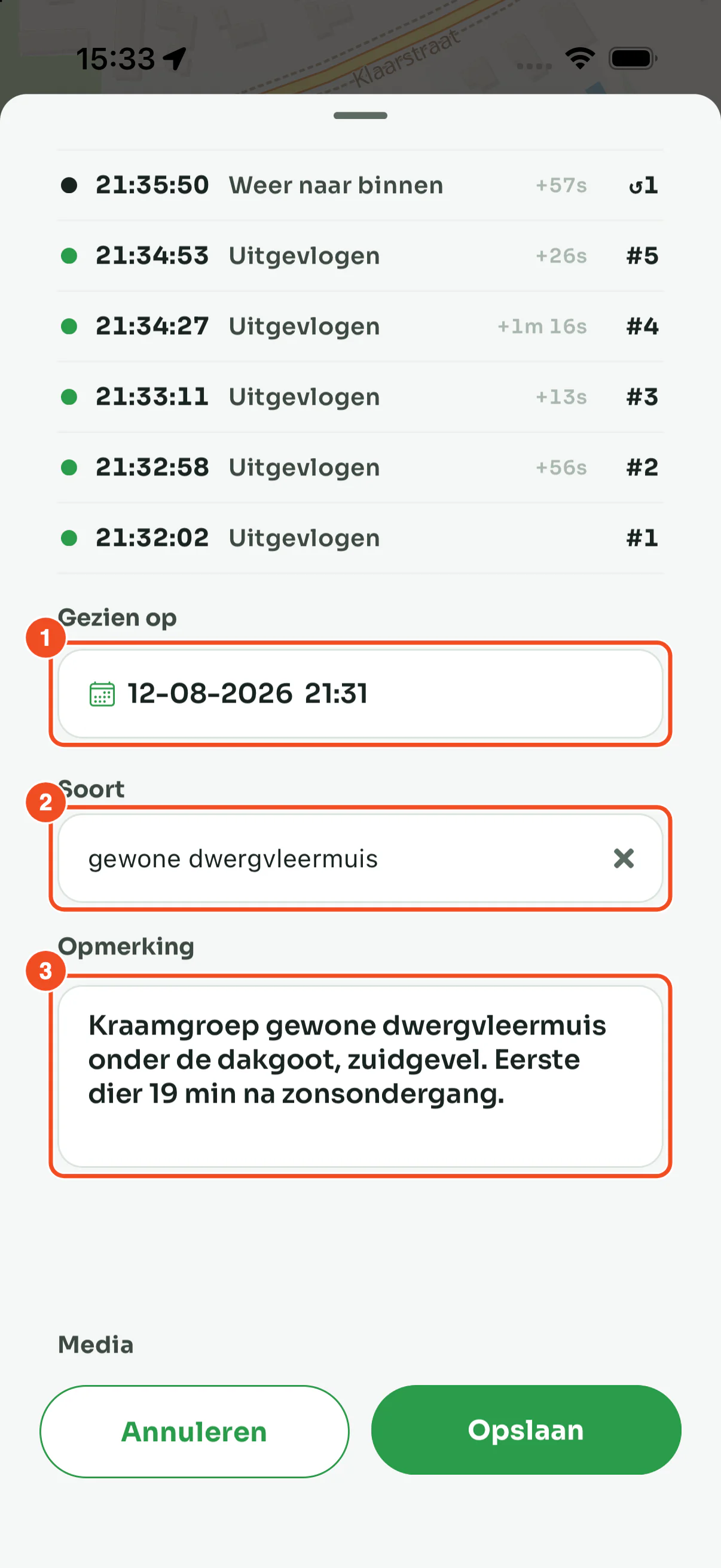 De velden onder het logboek: Gezien op, Soort en Opmerking, met onderin Annuleren en Opslaan