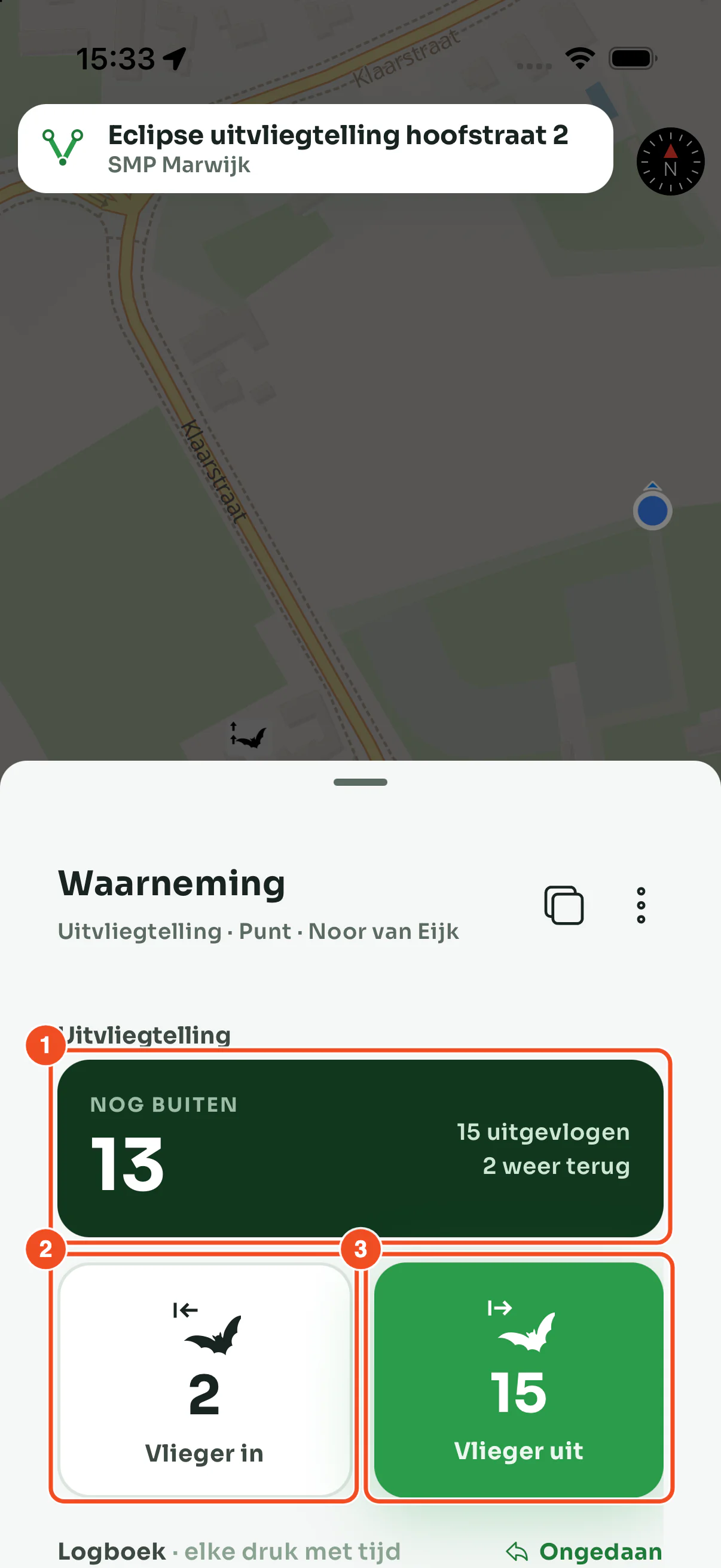 Het telveld met het saldo Nog buiten, de uitsplitsing uitgevlogen en weer terug, en de knoppen Vlieger in en Vlieger uit