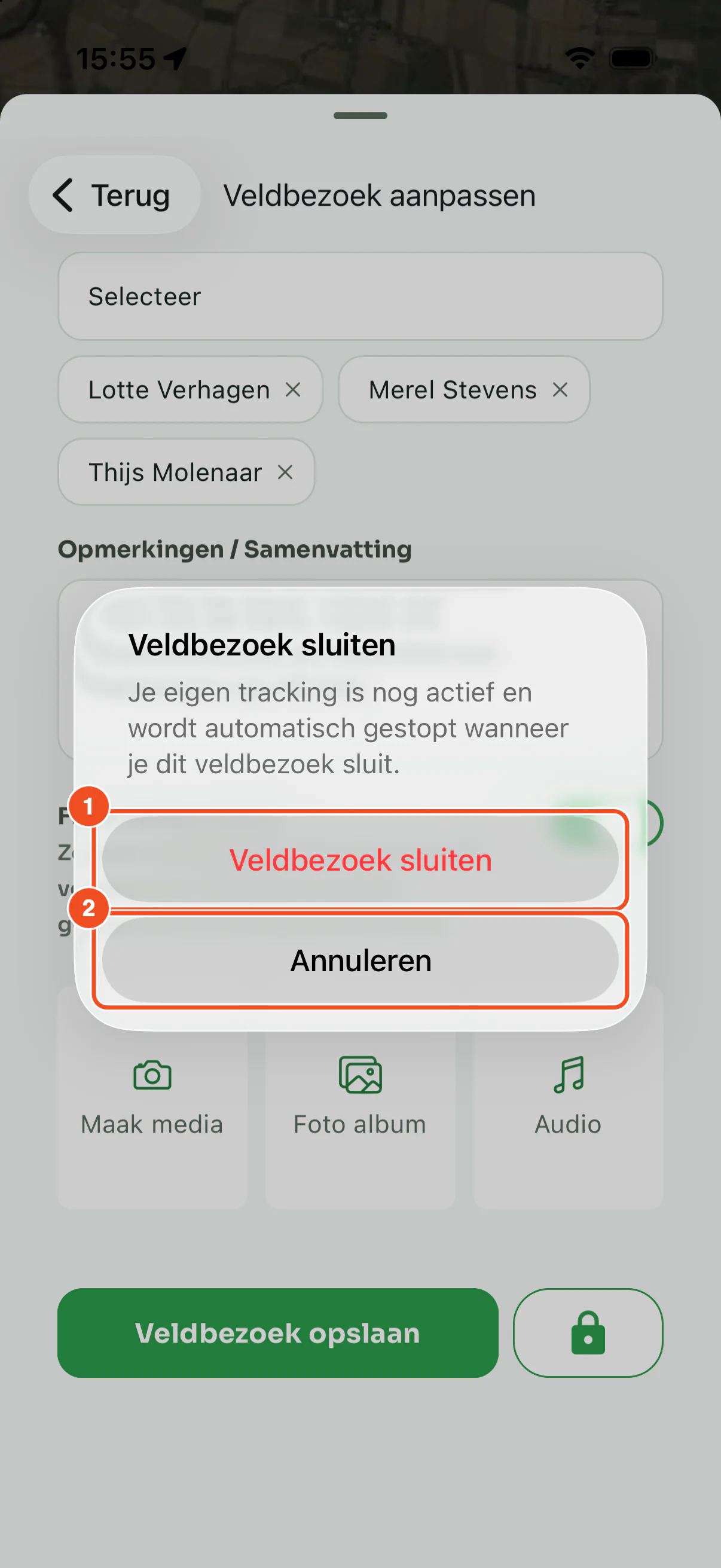 De bevestiging Veldbezoek sluiten, met de melding dat je tracking automatisch wordt gestopt