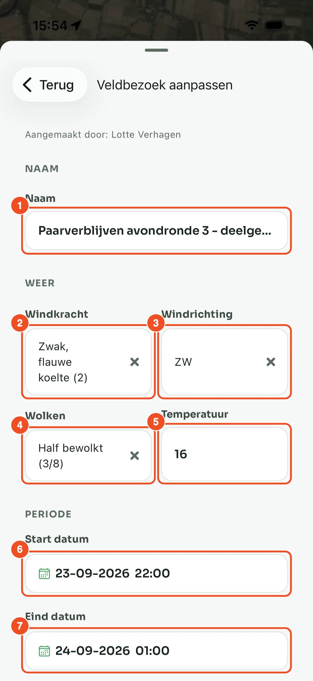 Het formulier Veldbezoek aanpassen met de velden Naam, Windkracht, Windrichting, Wolken, Temperatuur, Start datum en Eind datum