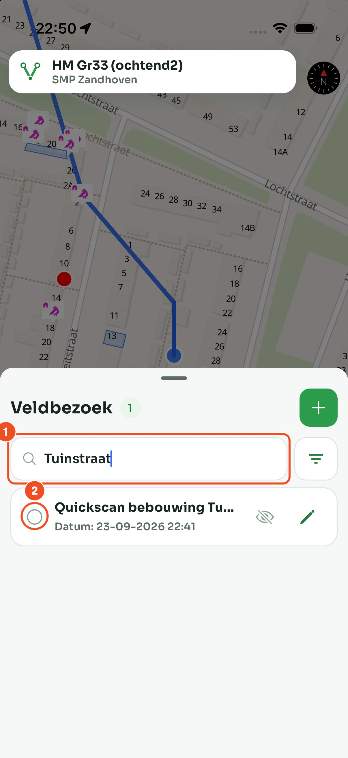 De bezoekenlijst met de zoekterm Tuinstraat en één gevonden bezoek met het rondje om het te activeren